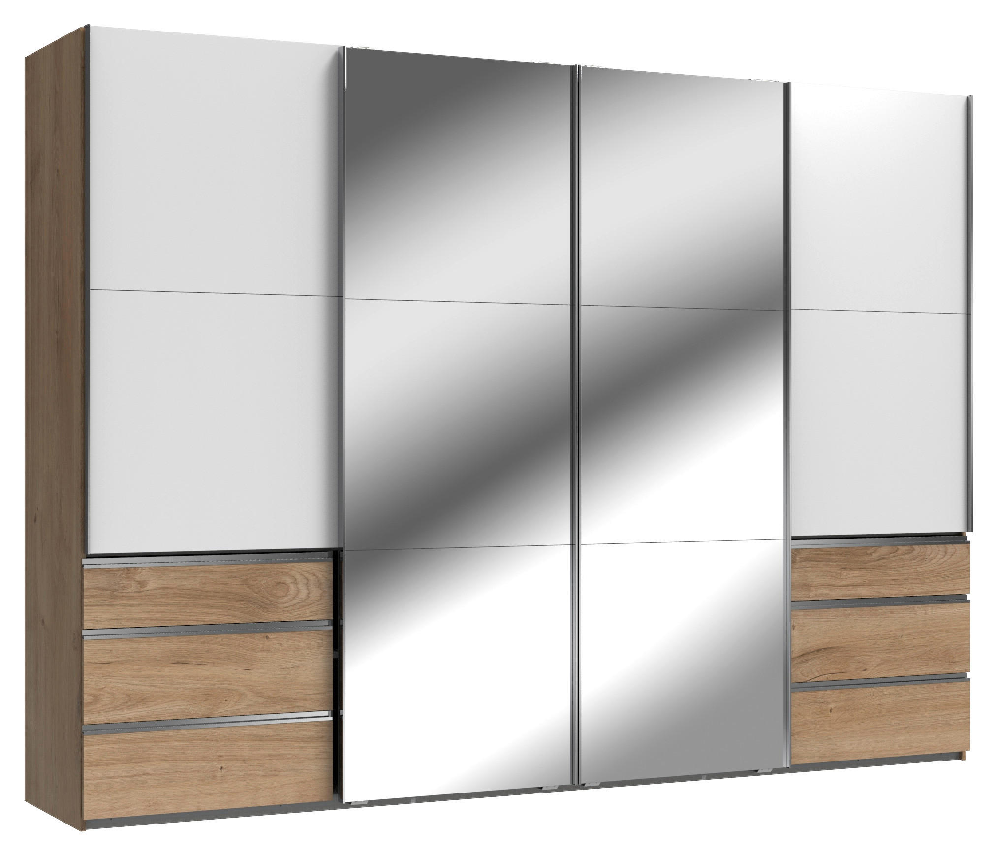 SCHWEBETÜRENSCHRANK 300/216/65 cm 4-türig Weiß, Eichefarben  - Chromfarben/Eichefarben, MODERN, Glas/Holzwerkstoff (300/216/65cm) - MID.YOU