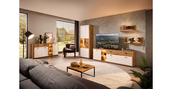 WOHNWAND 4-teilig  in Weiß, Eiche Wotan  335/204/39 cm  - Anthrazit/Eiche Wotan, MODERN, Glas/Holzwerkstoff (335/204/39cm) - Xora