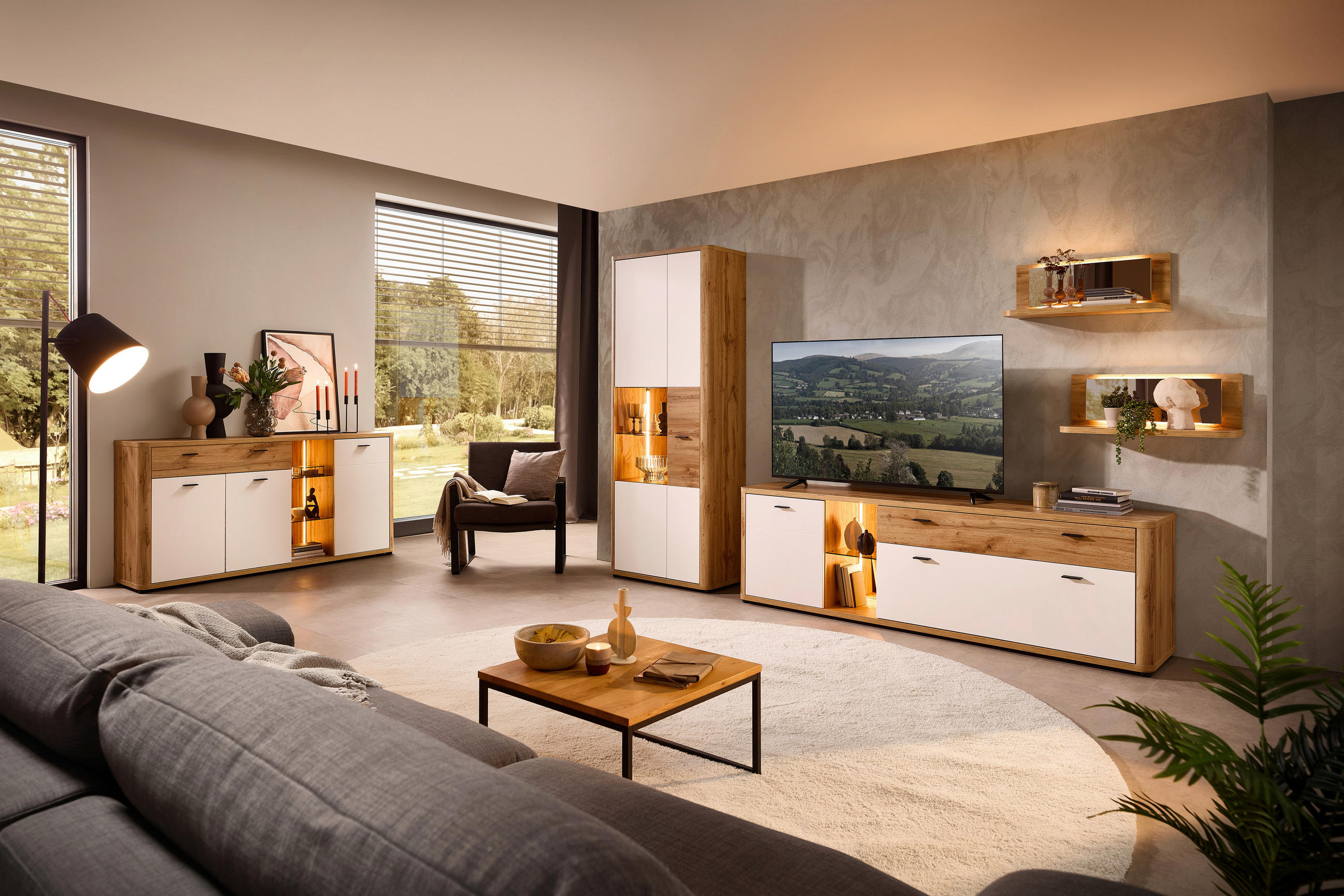 Thumbnail - Xora Wohnwand, Weiß, Eiche Wotan, Metall, 4-teilig, 11 Fächer, 1 Schublade(n) Schubladen, 335x204x39 cm, Beimöbel erhält...