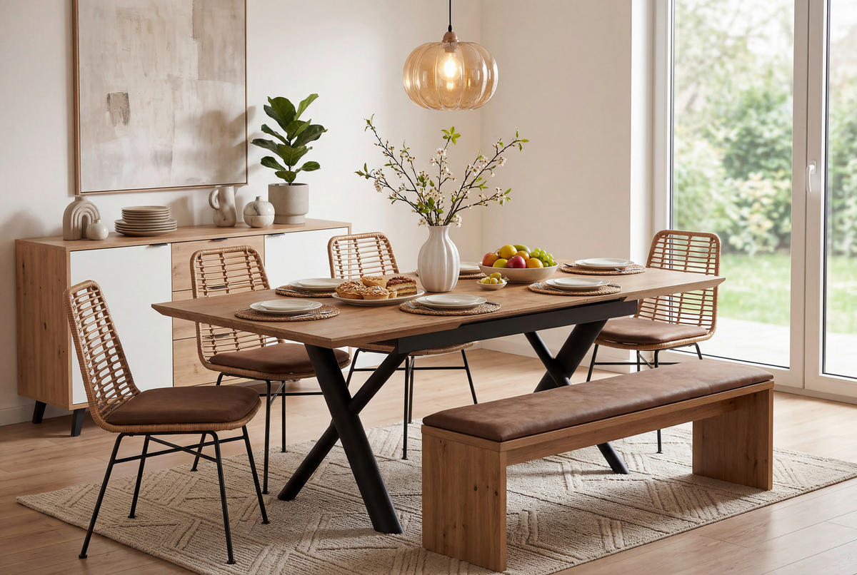 ESSTISCH 200/90/76 cm Nachbildung  Metall, Holzwerkstoff ausziehbar rechteckig Schwarz, Eichefarben  - Eichefarben/Schwarz, MODERN, Holzwerkstoff/Metall (200/90/76cm) - Livetastic