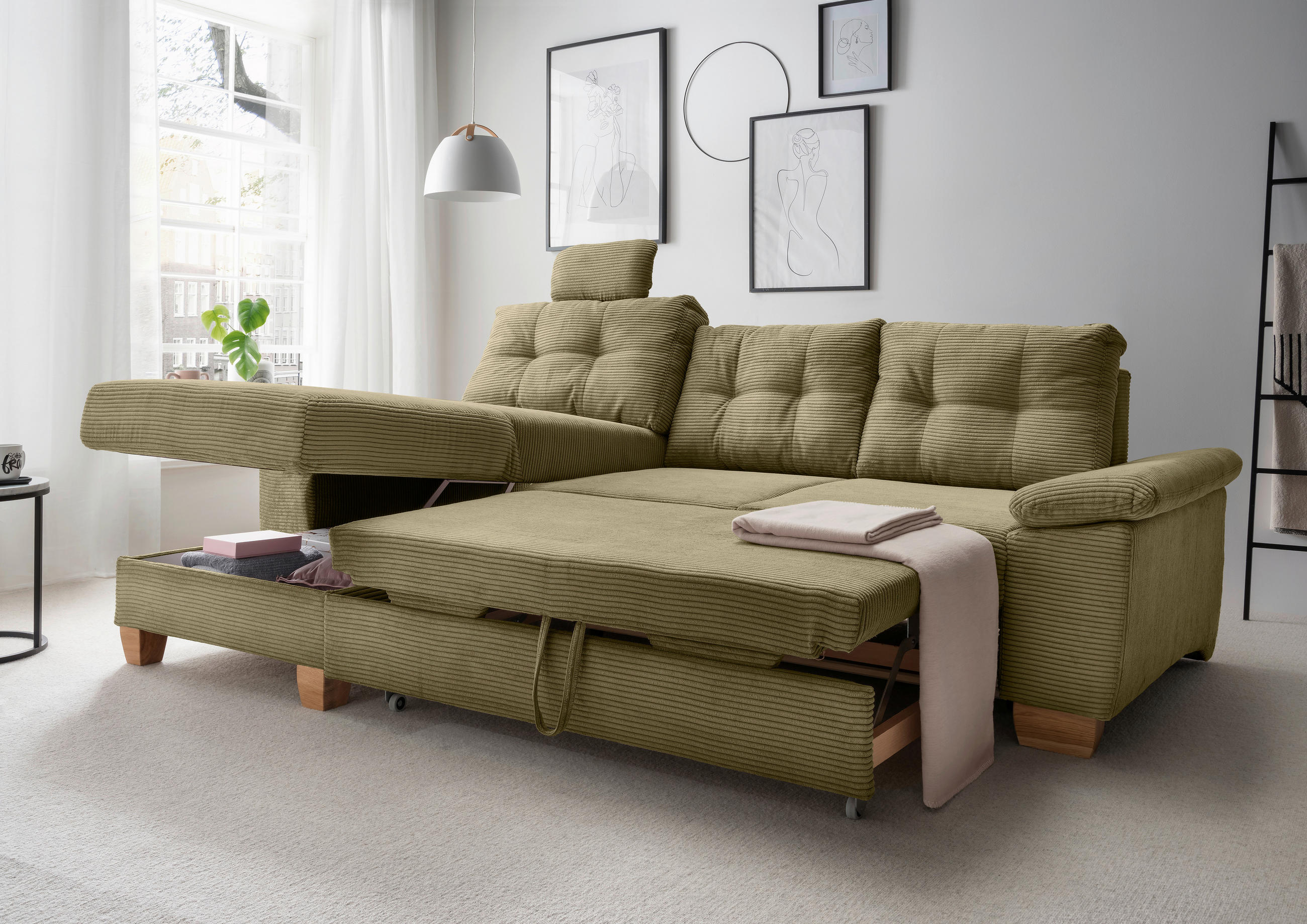 ECKSOFA in Cord Olivgrün  - Naturfarben/Olivgrün, Modern, Holz/Textil (176/270cm) - Livetastic