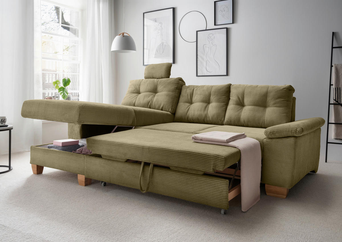 ECKSOFA in Cord Olivgrün  - Naturfarben/Olivgrün, Modern, Holz/Textil (176/270cm) - Livetastic