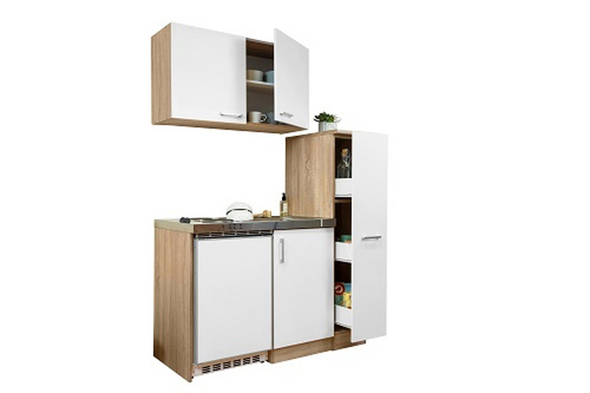 MINIKÜCHE 130 cm   in Weiss, Eichefarben  - Weiss/Edelstahlfarben, Modern, Holzwerkstoff/Metall (130cm) - Respekta