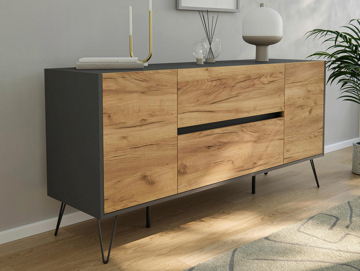 SIDEBOARD Posseik Industrial 155/75,8/42 cm 2 Schublade(n)  - Eichefarben/Graphitfarben, Design, Holzwerkstoff/Metall (155/75,8/42cm) - P & B