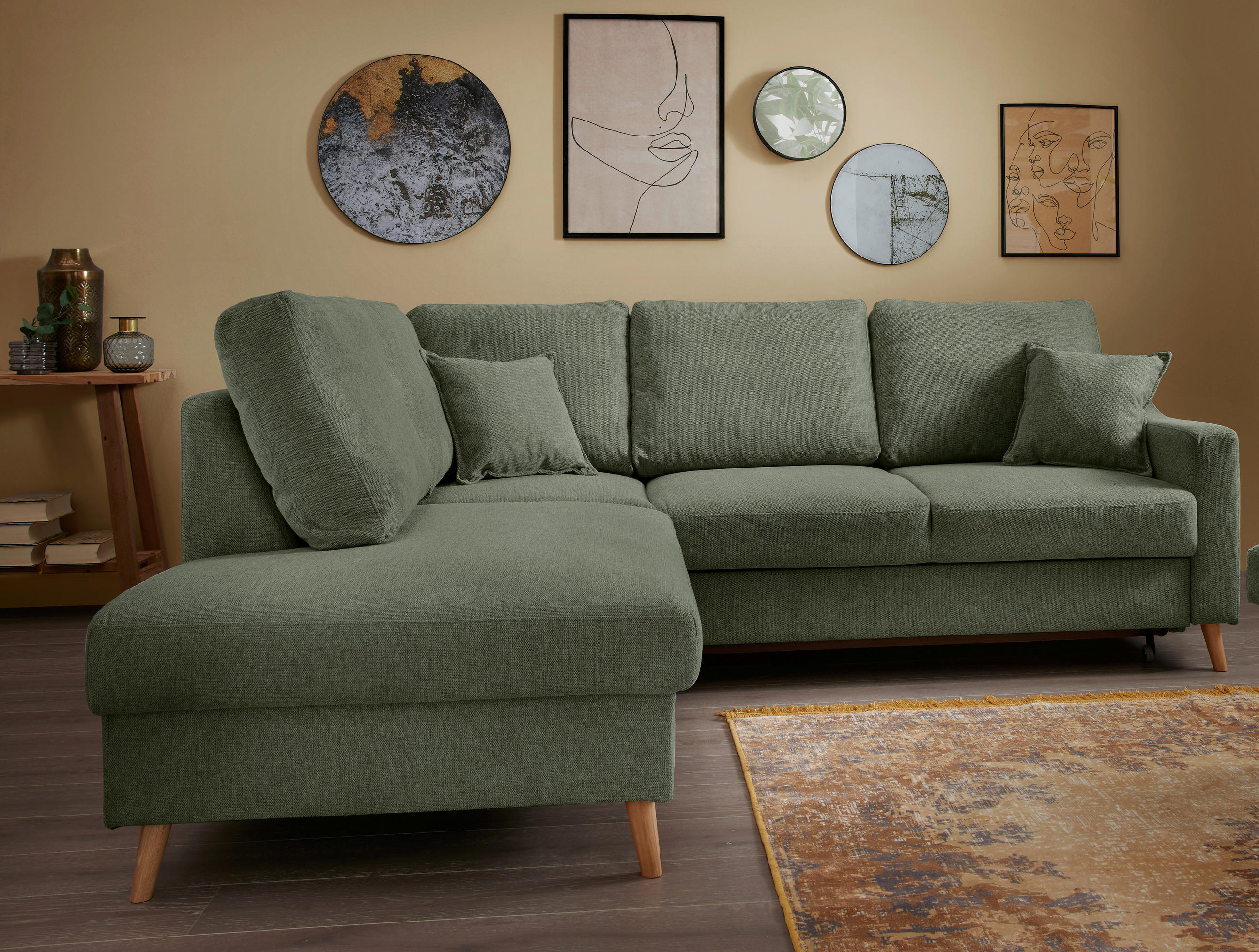 ECKSOFA Valentina Dunkelgrün Chenille  - Dunkelgrün/Naturfarben, KONVENTIONELL, Holz/Textil (200/230cm) - Livetastic