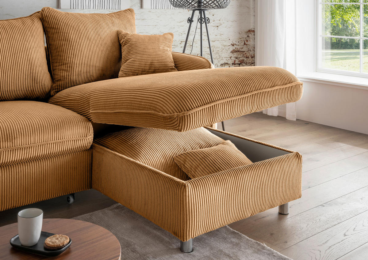 ECKSCHLAFSOFA  mit Rücken echt, Armteil links, Armteil rechts Cord Goldfarben  - Chromfarben/Goldfarben, MODERN, Textil/Metall (254/160cm) - Livetastic