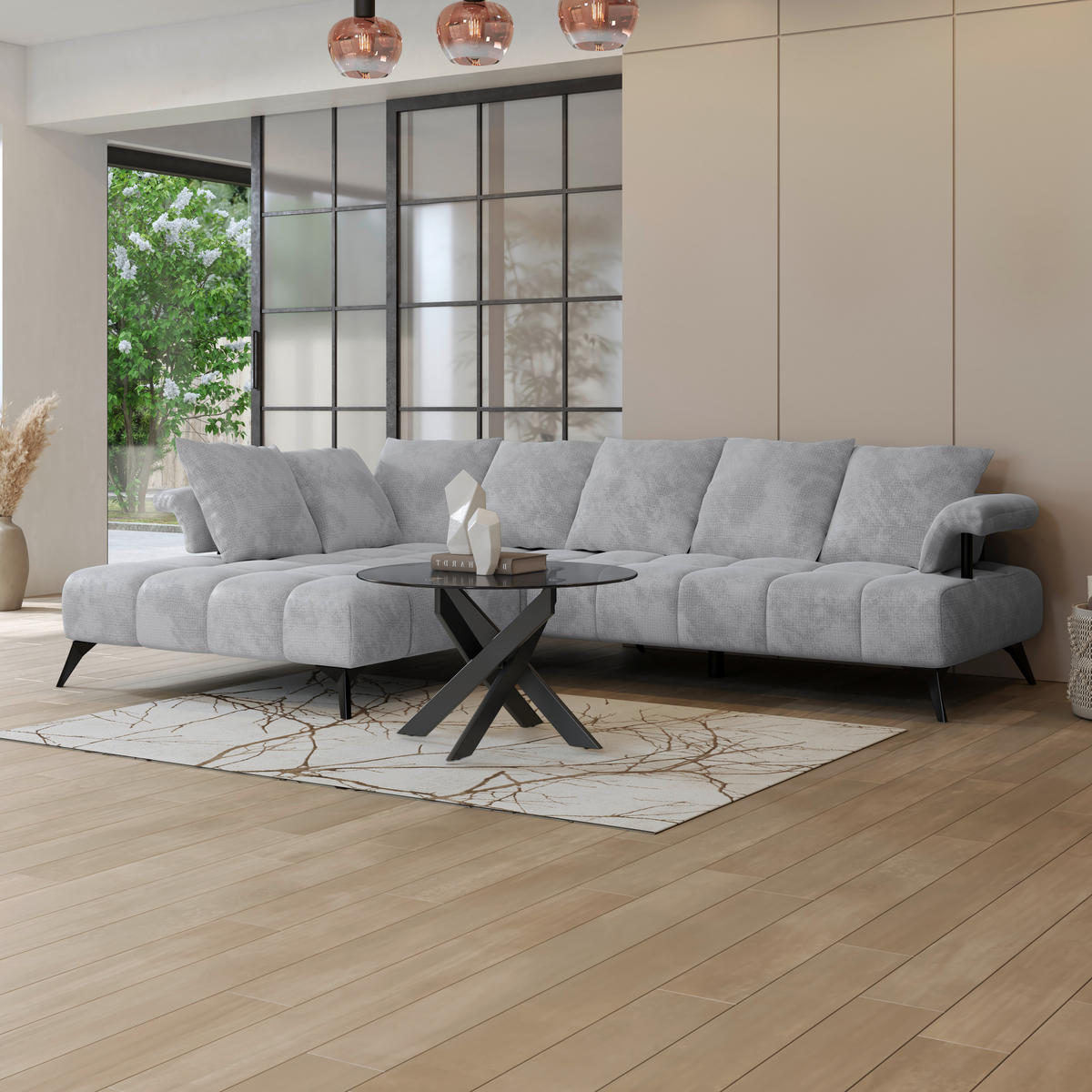ECKSOFA in Flachgewebe Hellgrau  - Hellgrau/Schwarz, Modern, Kunststoff/Textil (200/297cm) - Livetastic