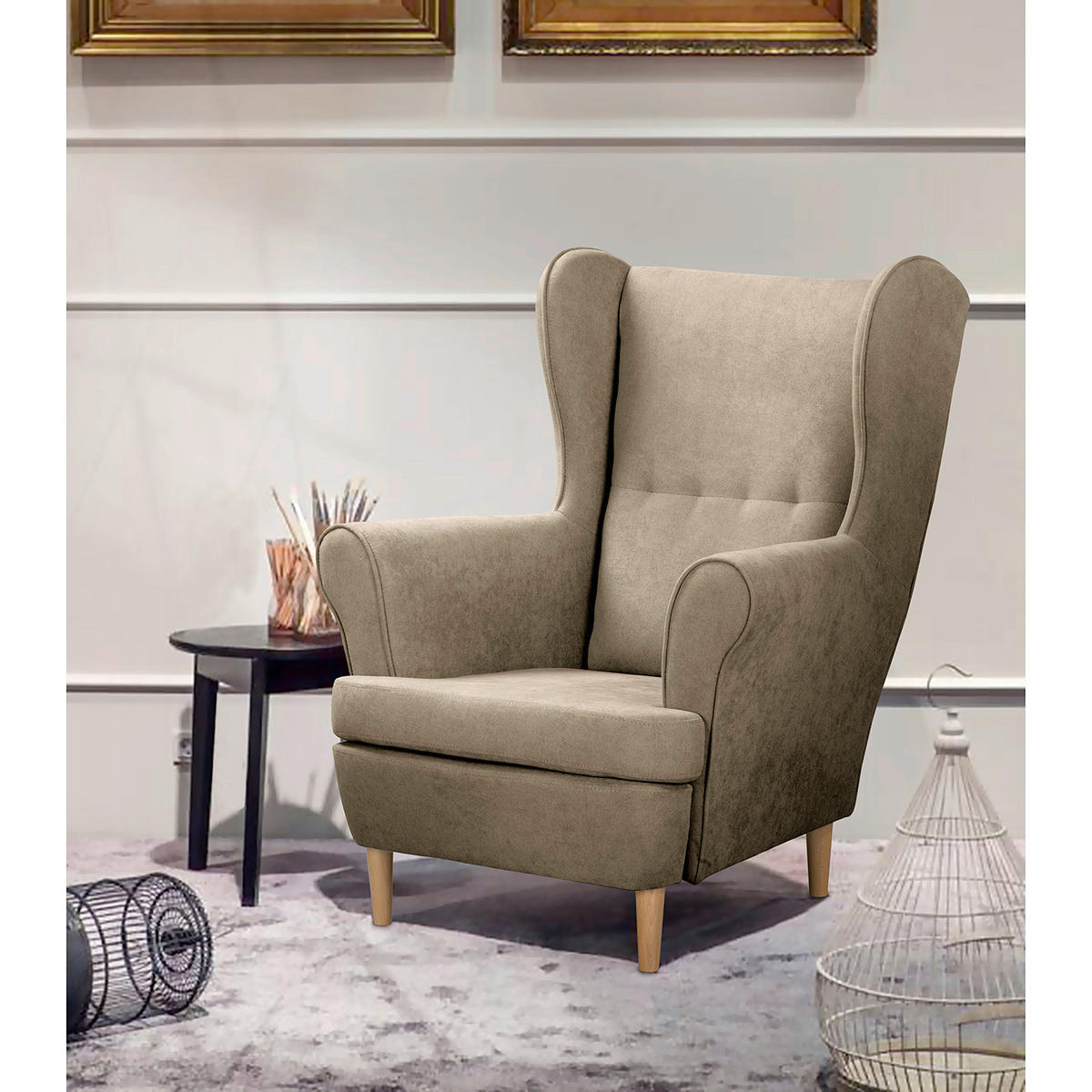 OHRENSESSEL Mikrofaser Beige  - Beige/Naturfarben, Design, Holz/Textil (87/105/90cm) - Livetastic