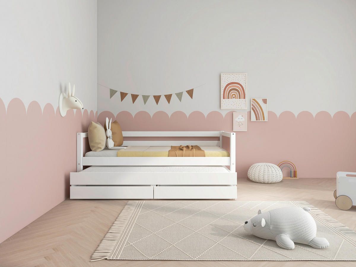 AUSZIEHBETT 90/200 cm,  in Rosa, Weiß, Bettschubladen, Rollrost für Zusatzbett, Rollrost für Hauptbett  - Rosa/Weiß, MODERN, Holz (90/200cm) - Chameo