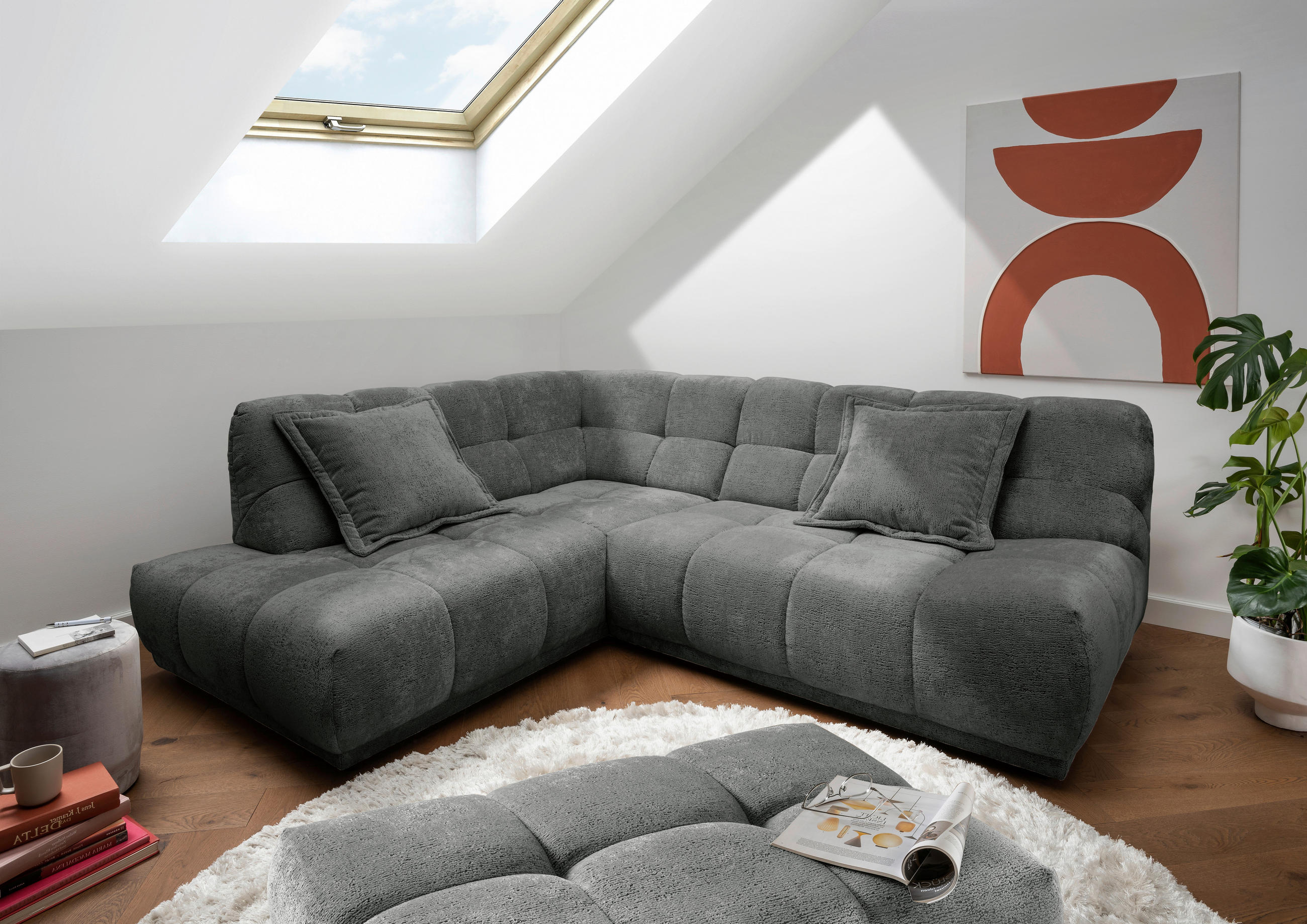 ECKSOFA ITALIA Anthrazit Chenille Hocker  - Anthrazit/Schwarz, MODERN, Kunststoff/Textil (203/254cm) - Livetastic