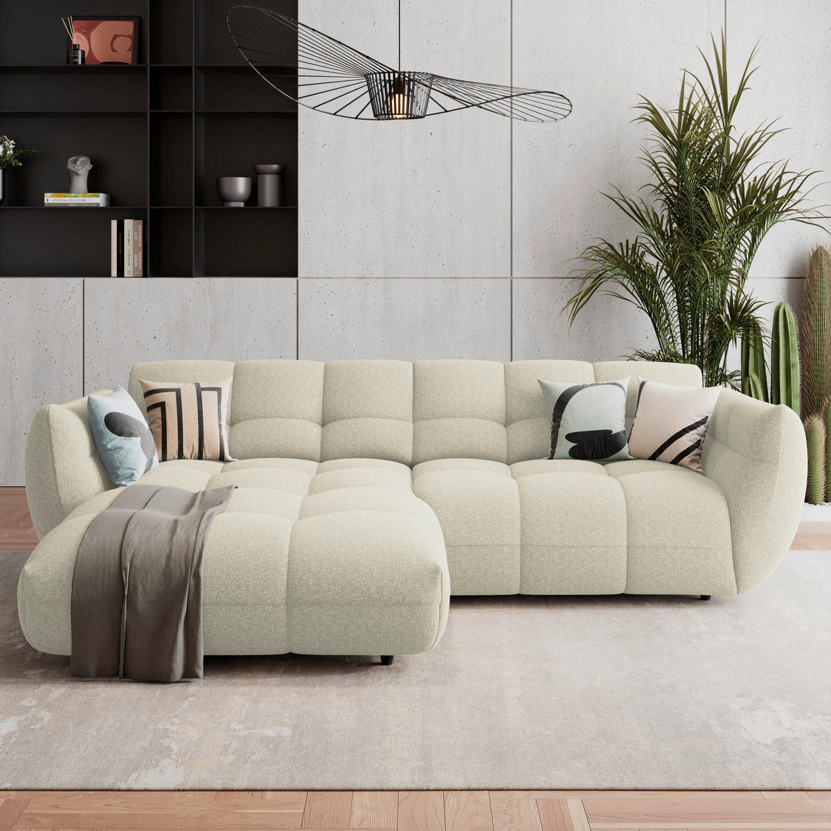 ECKSOFA Elfenbein Chenille  - Elfenbein/Dunkelgrün, Trend, Kunststoff/Textil (178/280cm) - MID.YOU