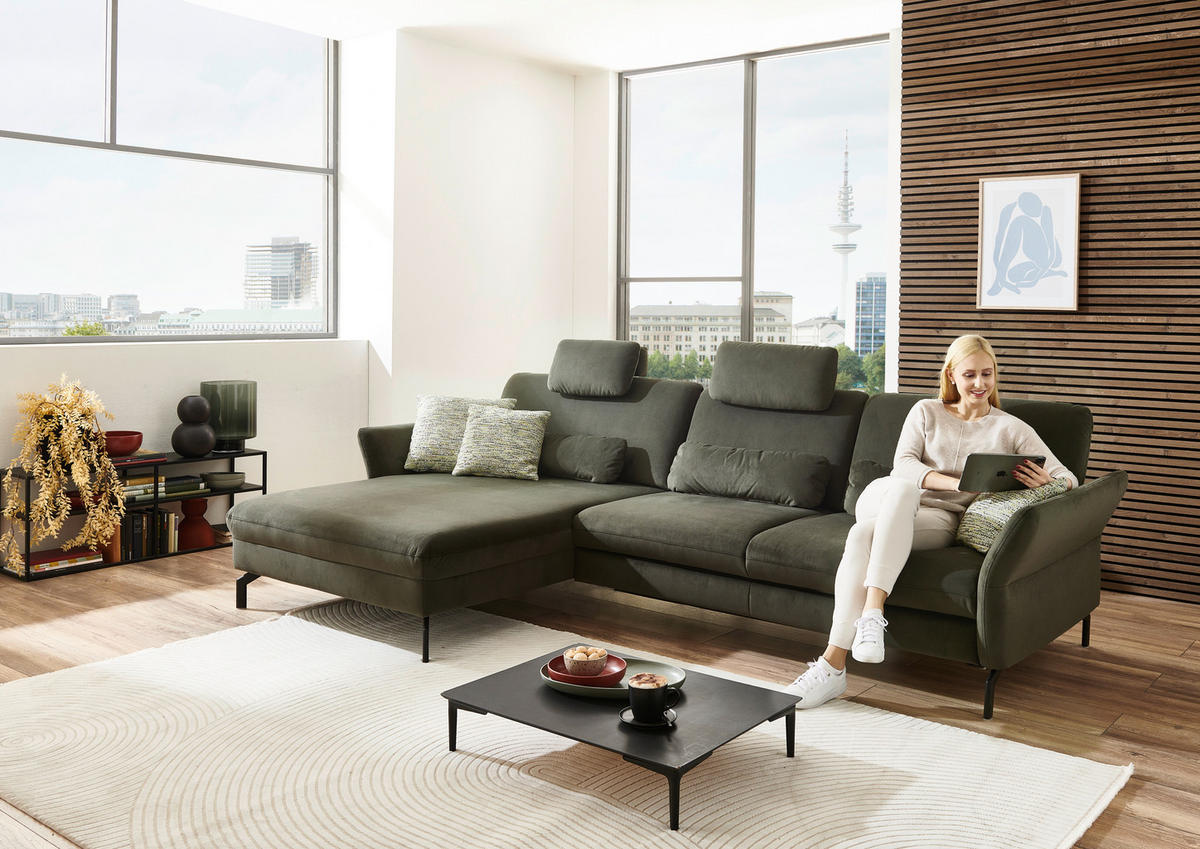 ECKSOFA in Velours Olivgrün  - Schwarz/Olivgrün, Design, Textil/Metall (179/306cm) - Beldomo System