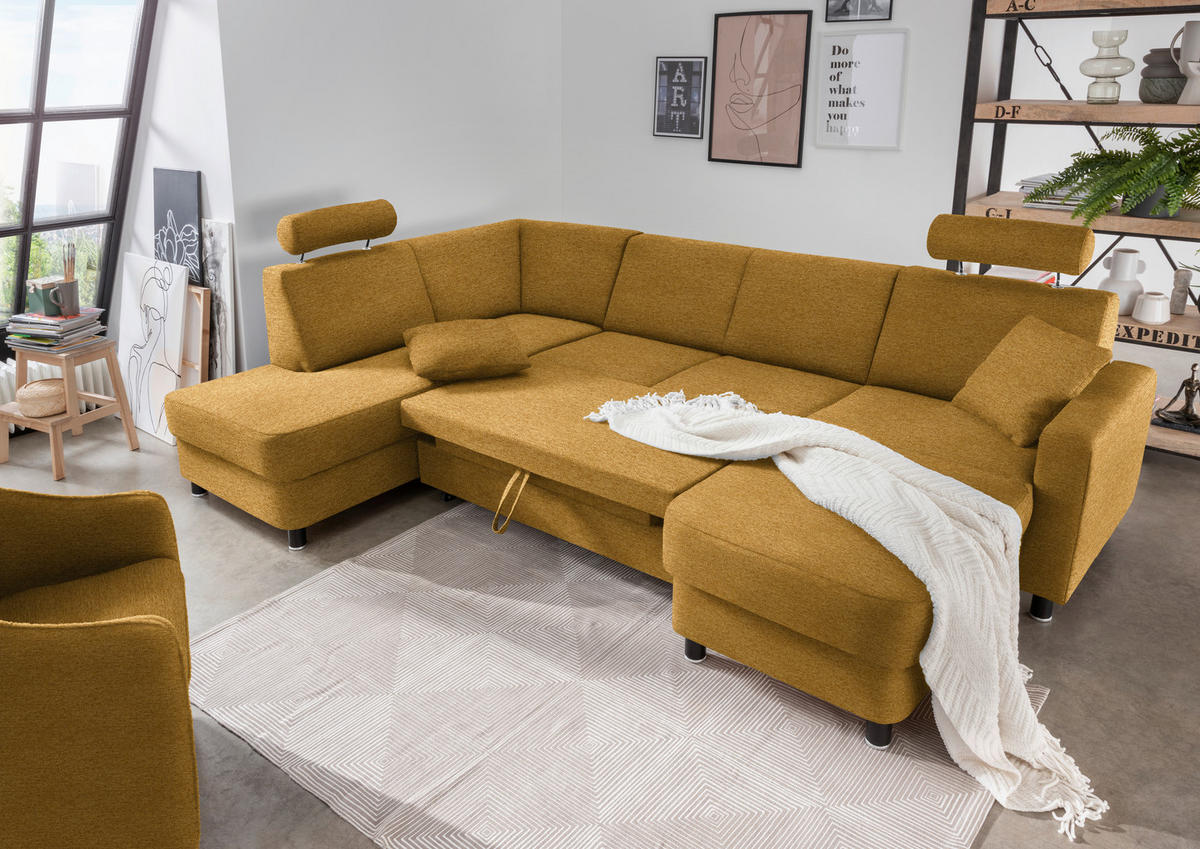 WOHNLANDSCHAFT in Webstoff Honig  - Schwarz/Honig, Design, Holz/Textil (198/296/165cm) - Xora