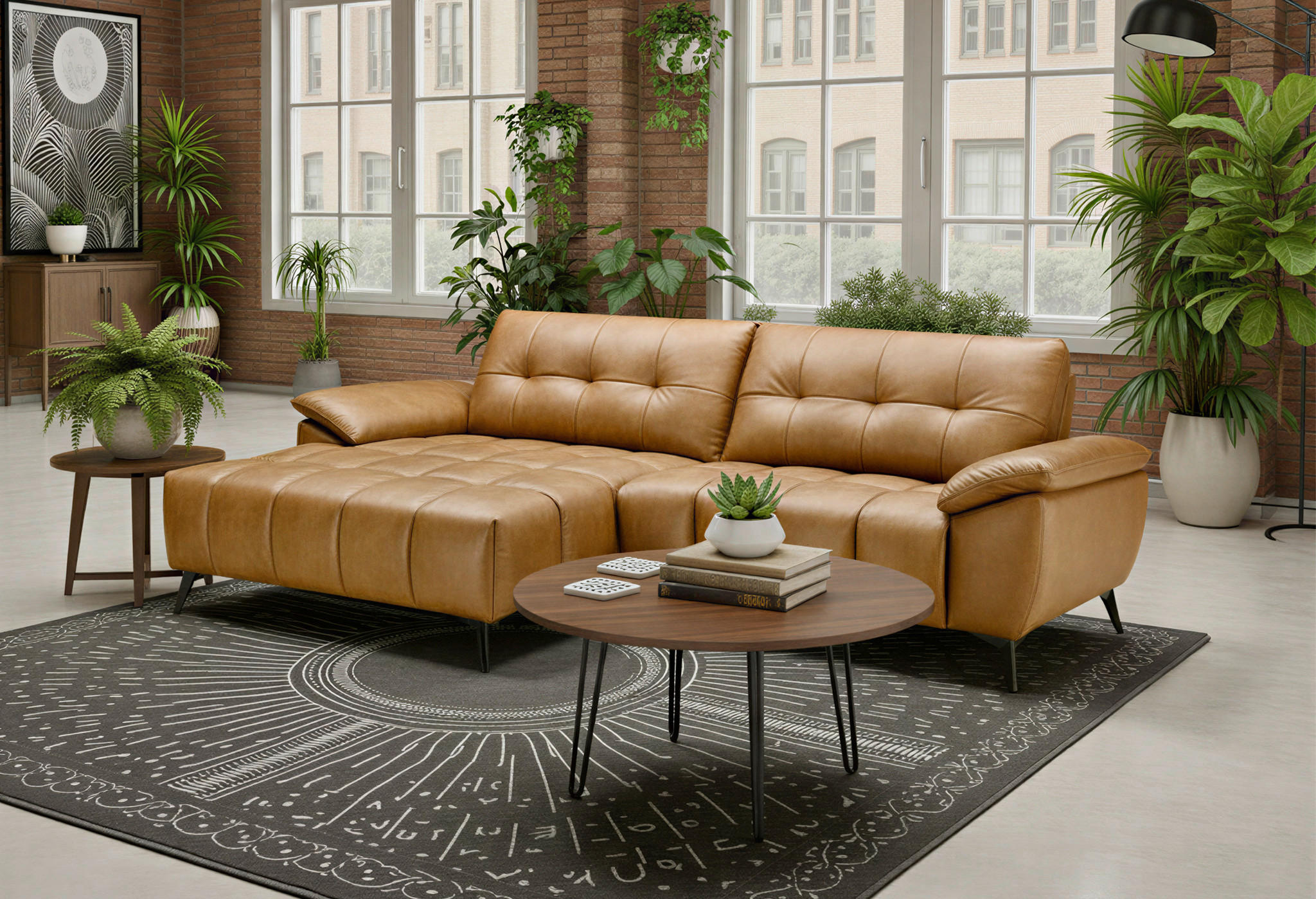 ECKSOFA VELORA Cognac Echtleder Lederlook  - Cognac/Schwarz, Design, Leder/Textil (266/86/120cm) - MID.YOU