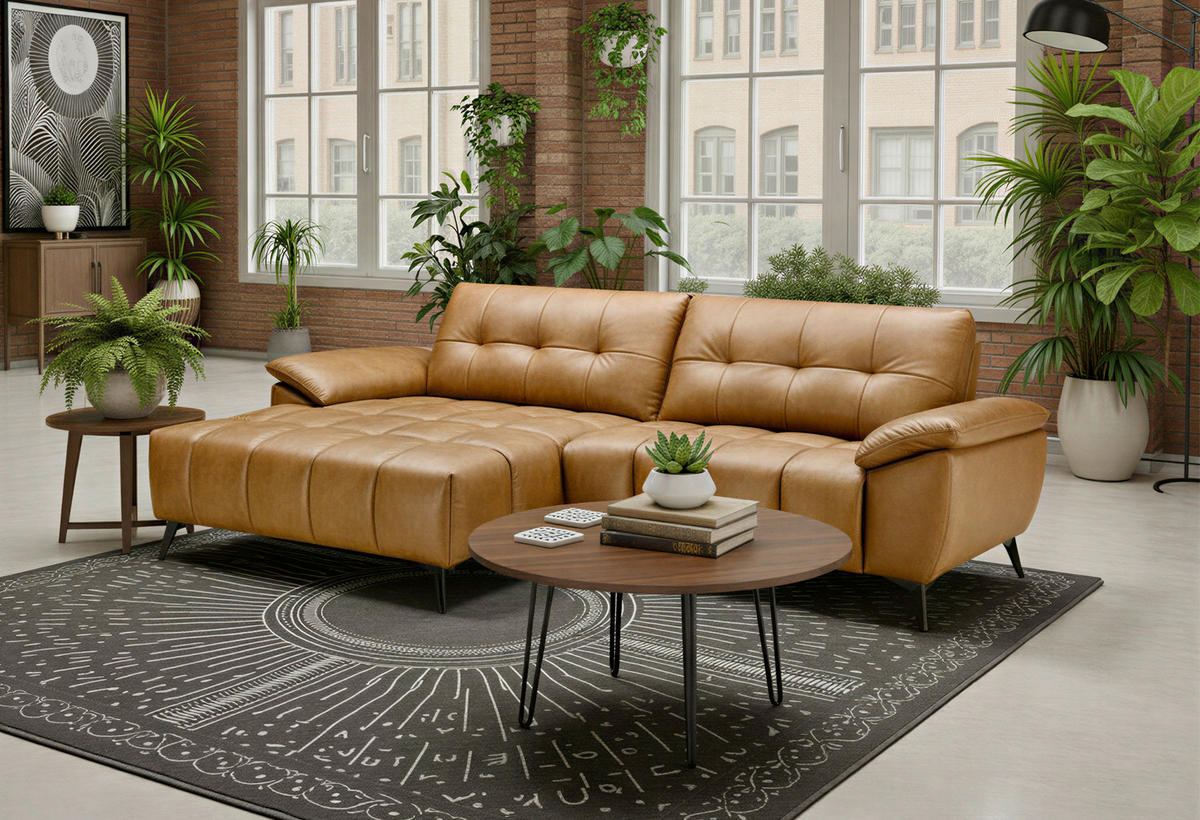 HÖRNSOFFA i läderimitation äkta läder cognacfärgad  - cognacfärgad/svart, Design, metall/läder (266/86/120cm) - MID.YOU