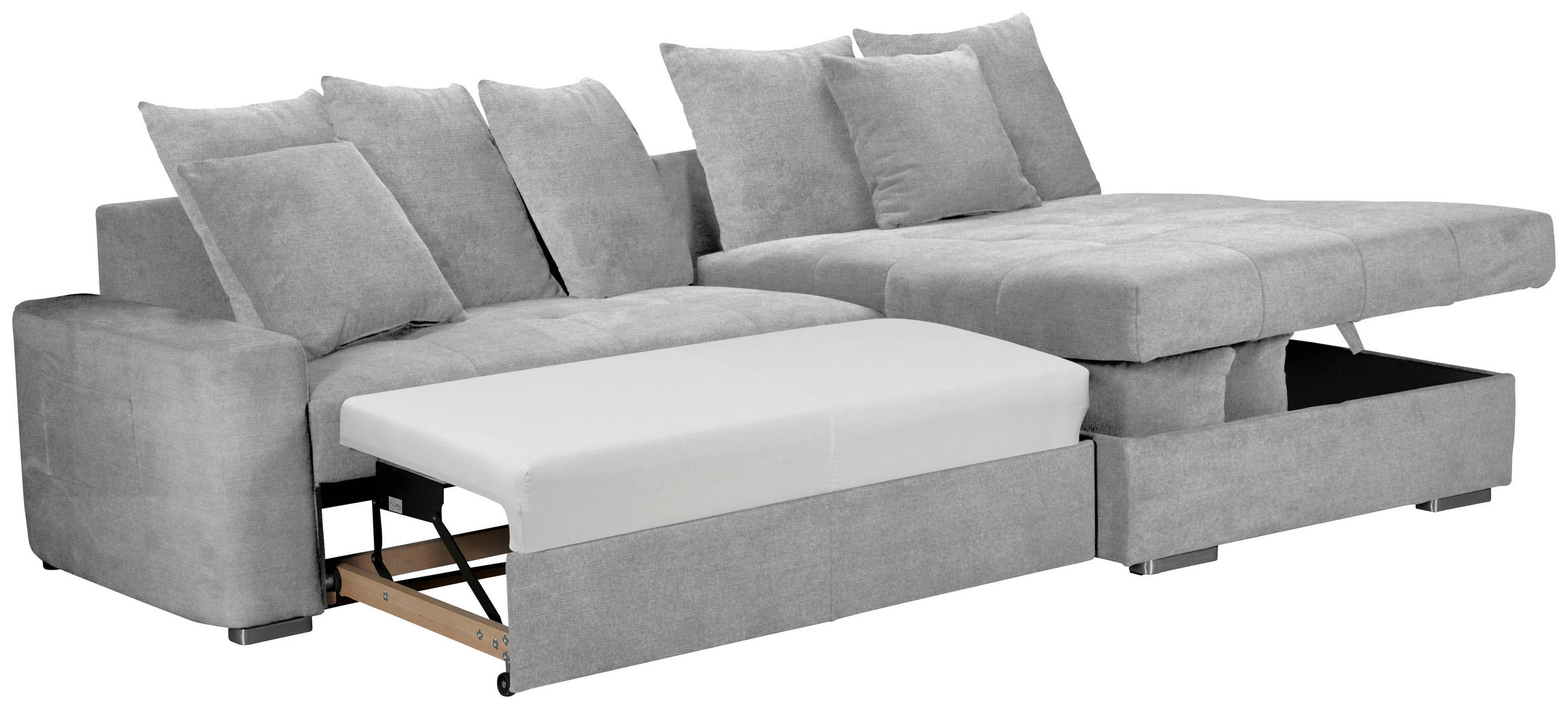 Thumbnail - Mid.you Ecksofa Salvador, Hellgrau, Textil, Wenge, 3-Sitzer, L-Form, Ottomane rechts, 293x164 cm, Armteil links, rechts,...