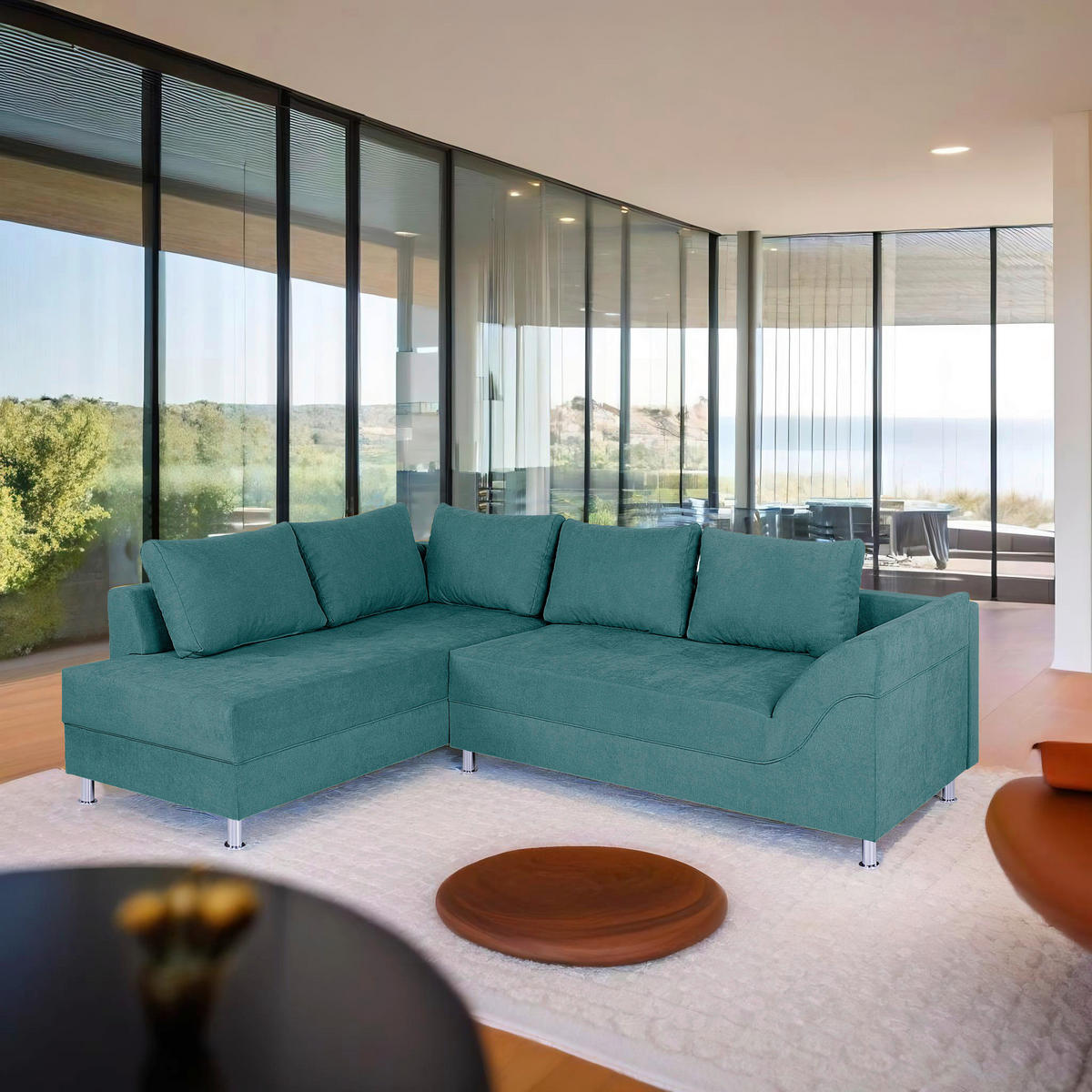 ECKSOFA Türkis Webstoff  - Türkis/Chromfarben, Design, Kunststoff/Textil (200/267cm) - P & B