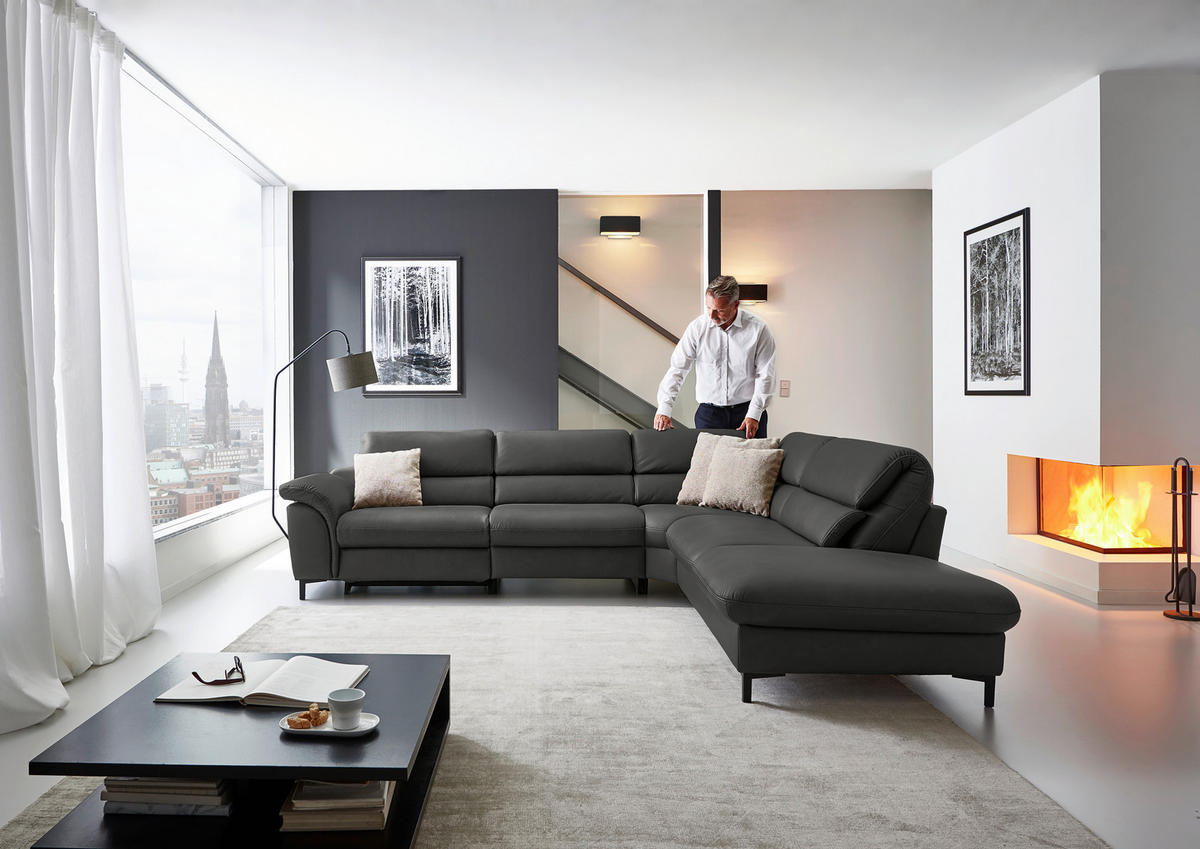 ECKSOFA Valdera Schwarz Echtleder  - Schwarz, Design, Leder/Metall (280/246cm) - Hukla