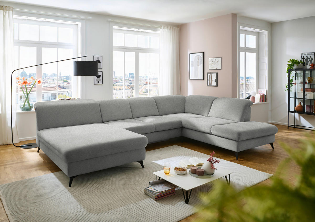 WOHNLANDSCHAFT  in Chenille Greige  - Greige/Schwarz, Design, Textil/Metall (198/369/255cm) - Beldomo Style