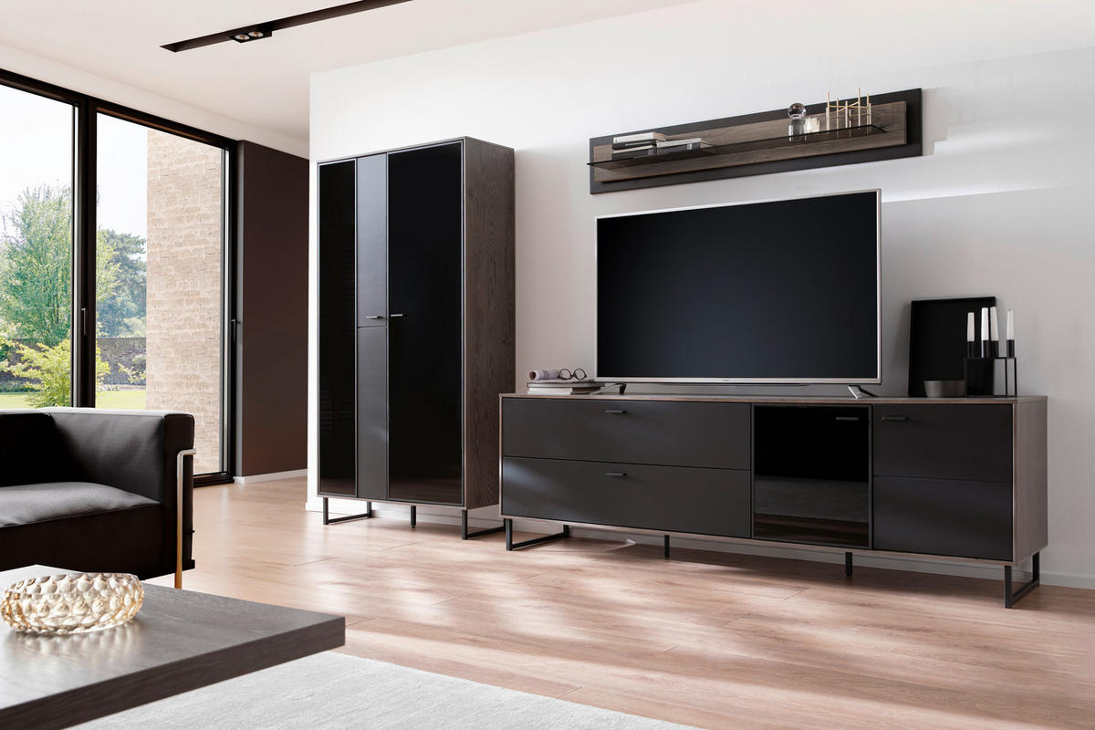 WOHNWAND  in Schwarz, Eichefarben  321/185/50 cm  - Eichefarben/Anthrazit, Design, Glas/Holz (321/185/50cm) - MID.YOU