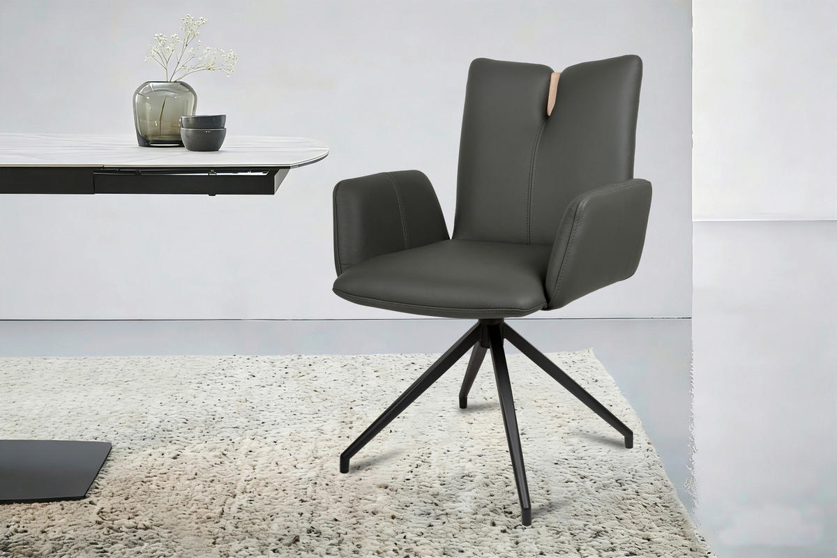 ARMLEHNSTUHL  Sitzfläche 360° drehbar, automatische Rückholfunktion  Echtleder  - Anthrazit/Schwarz, Design, Leder/Holz (62/87/63cm) - Valnatura