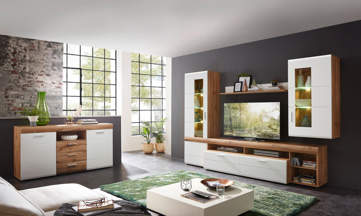 WOHNWAND  in Weiß, Eichefarben  280/192/51 cm  - Eichefarben/Silberfarben, Design, Glas/Holzwerkstoff (280/192/51cm) - Xora