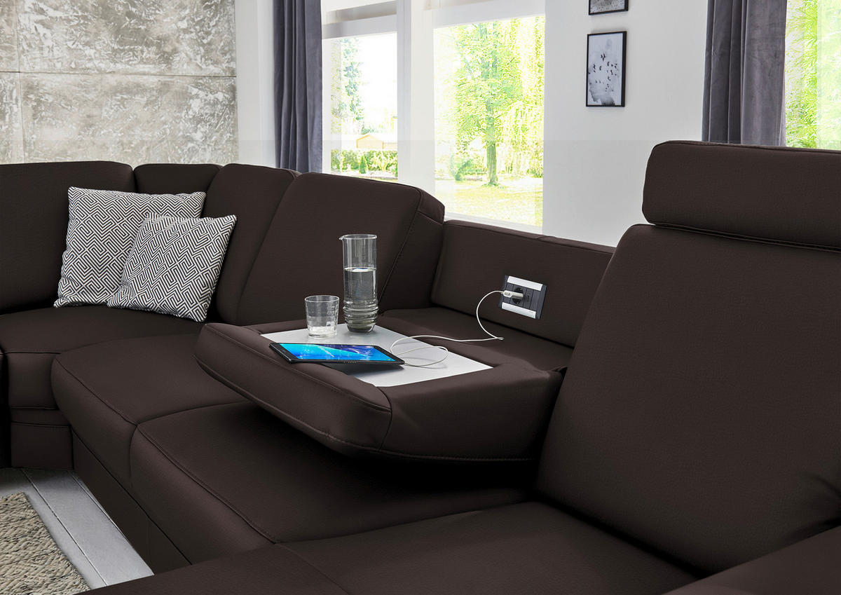 WOHNLANDSCHAFT Echtleder Schwarzbraun  - Schwarzbraun/Alufarben, Konventionell, Leder/Metall (239/329/165cm) - Beldomo Premium