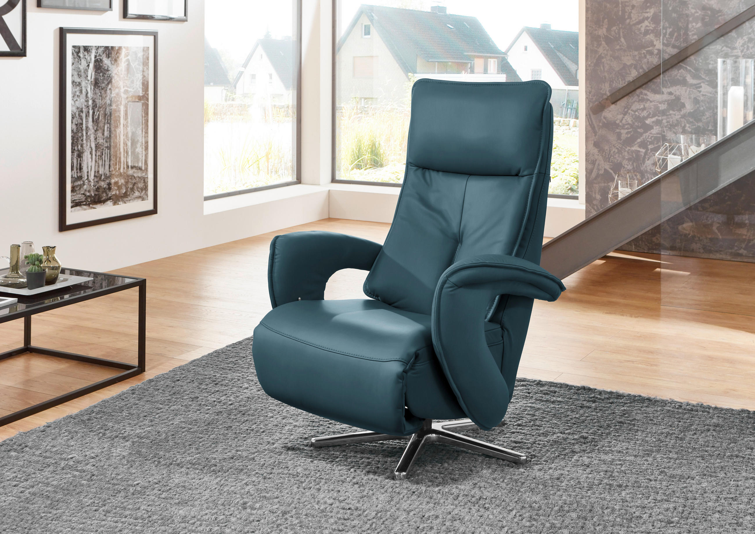RELAXSESSEL in Leder Blau  - Blau/Edelstahlfarben, Design, Leder/Metall (77/110/87cm) - Valdera