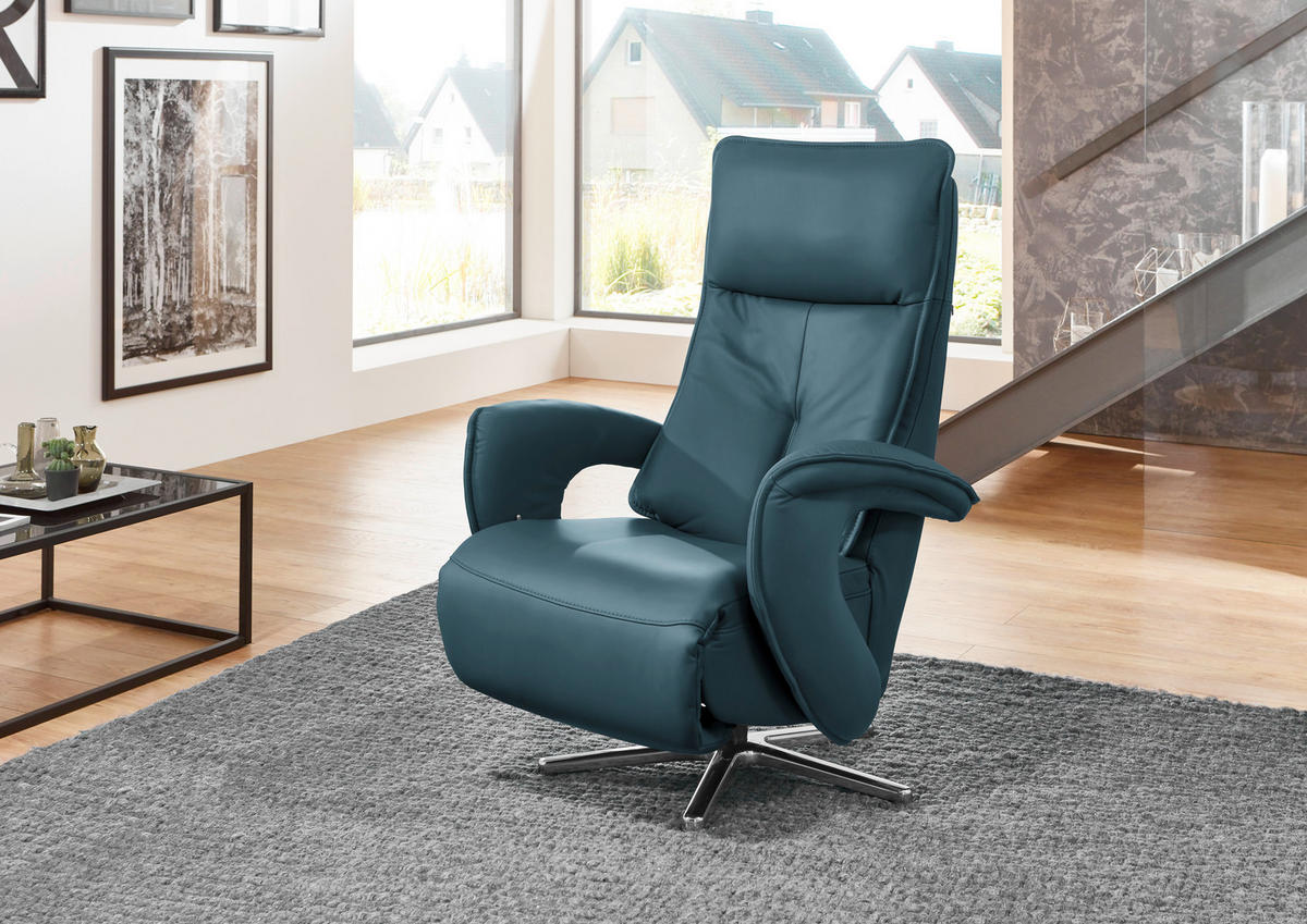 RELAXSESSEL in Leder Blau  - Blau/Edelstahlfarben, Design, Leder/Metall (77/110/87cm) - Valdera