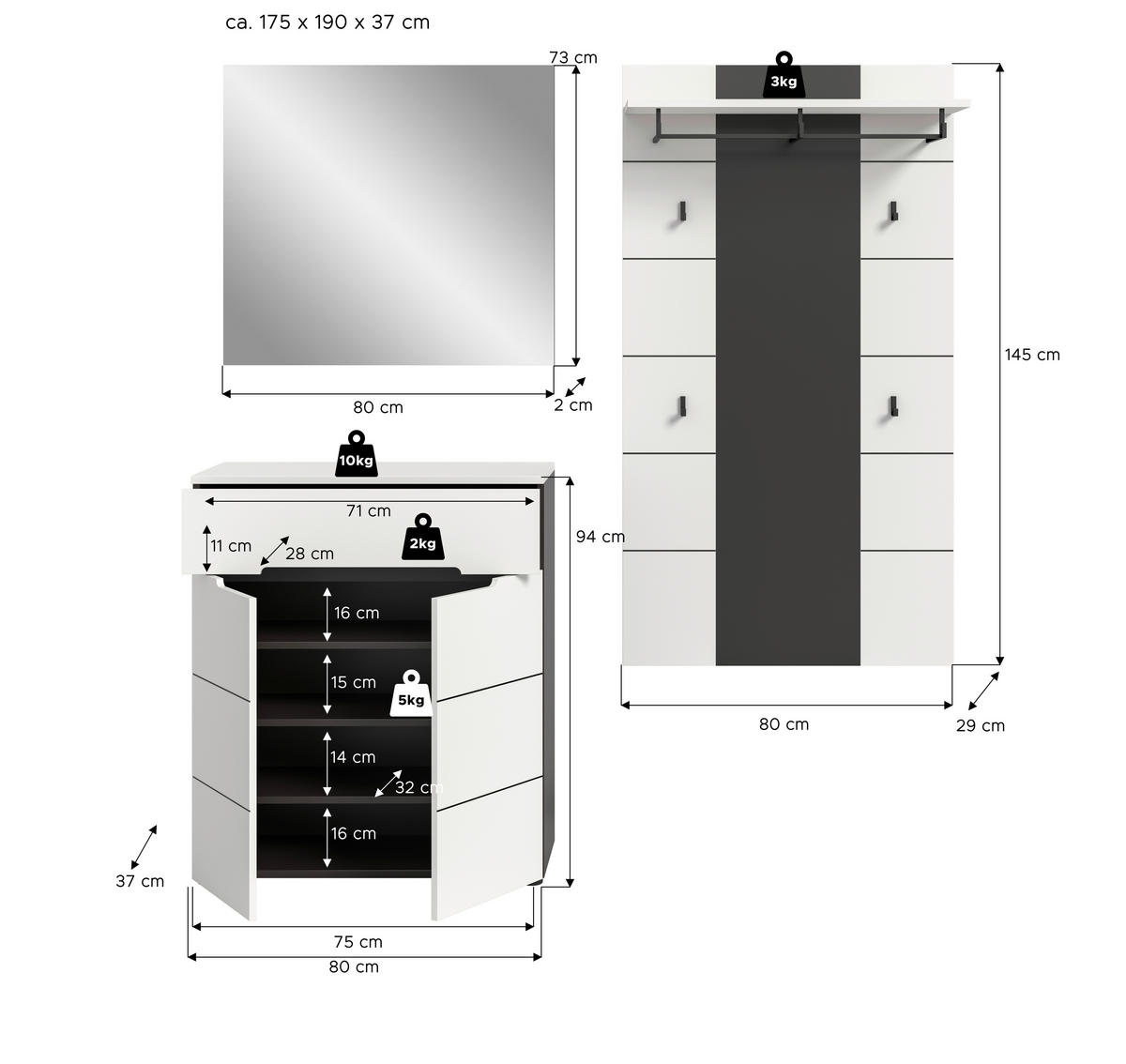 ŠATNA, 175/190/37 cm - šedá/bílá, Design, kompozitní dřevo (175/190/37cm) - Livetastic