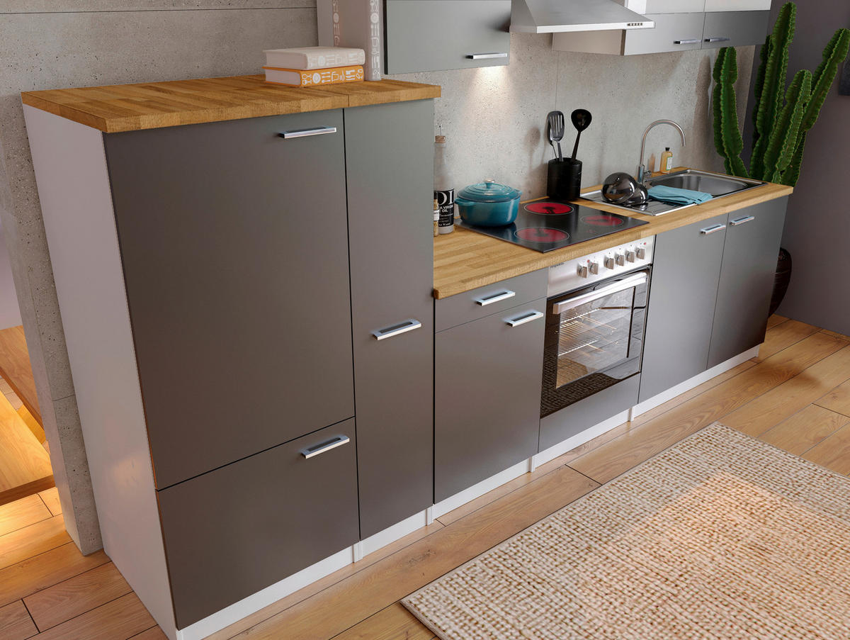 KÜCHENBLOCK 300 cm   in Grau  - Weiss/Edelstahlfarben, Basics, Holzwerkstoff/Metall (300cm) - Respekta