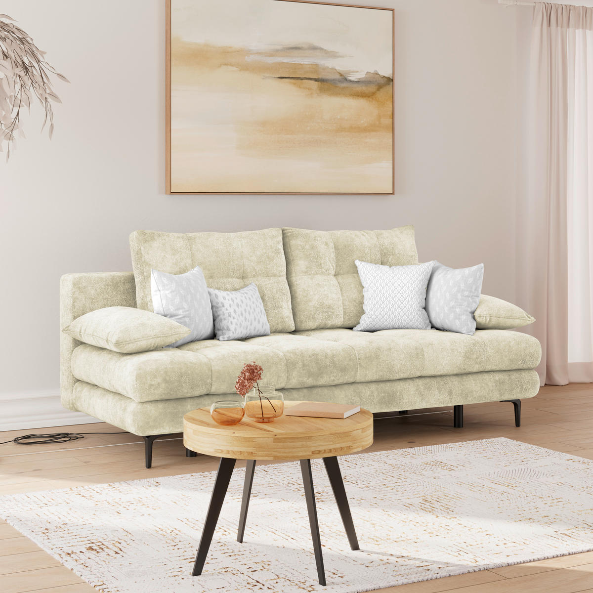 SCHLAFSOFA Chenille Creme  - Creme/Schwarz, Konventionell, Textil/Metall (203/94/96cm) - MID.YOU