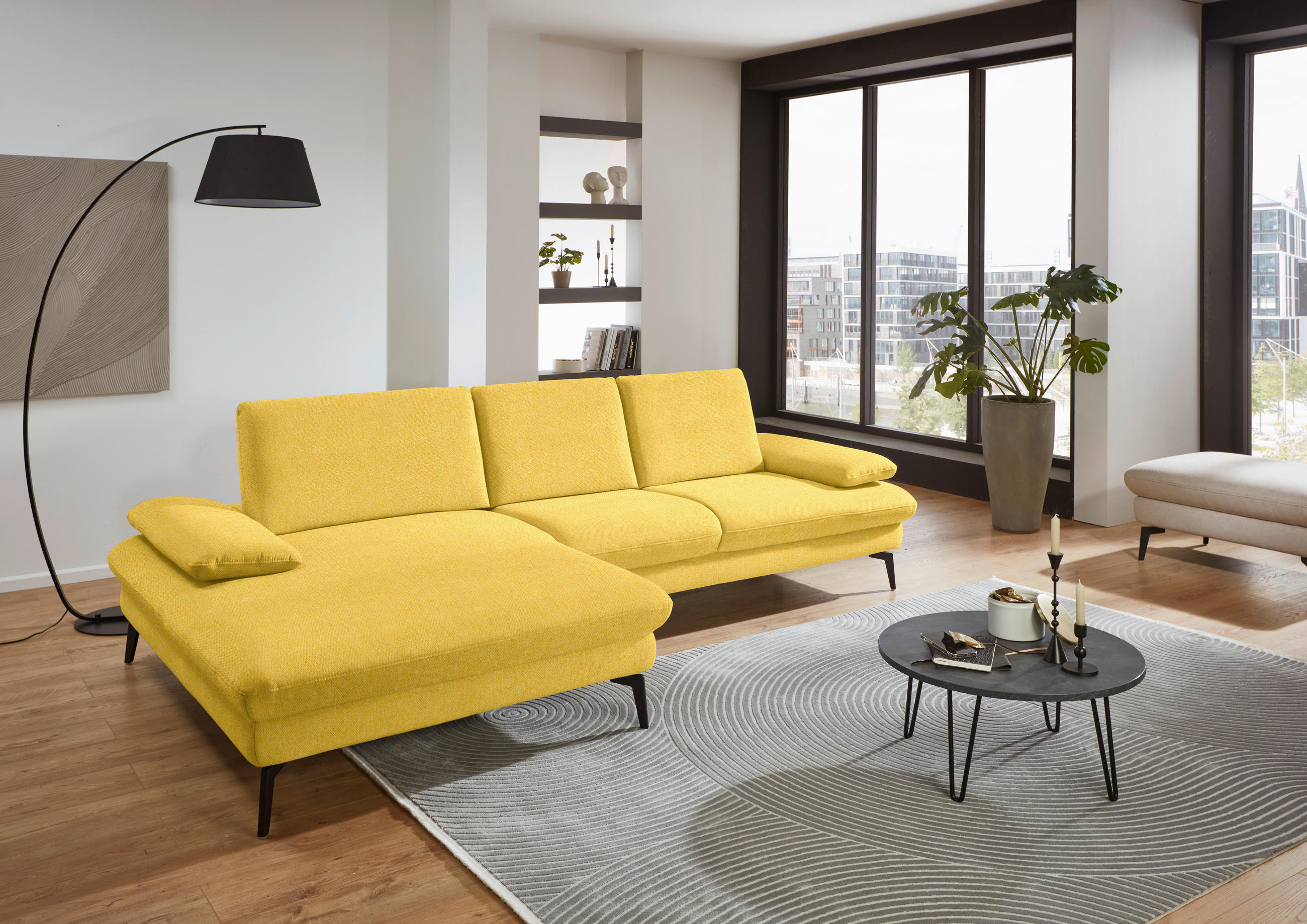 ECKSOFA in Chenille, Mikrofaser Gelb  - Gelb/Schwarz, Design, Textil/Metall (157/299cm) - Dieter Knoll