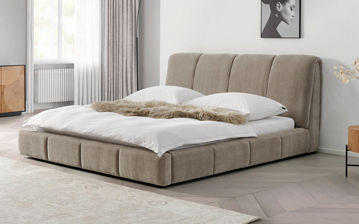 KÁRPITOZOTT ÁGY 180/200 cm  bézs  - bézs/fekete, Modern, műanyag/textil (180/200cm) - Livetastic