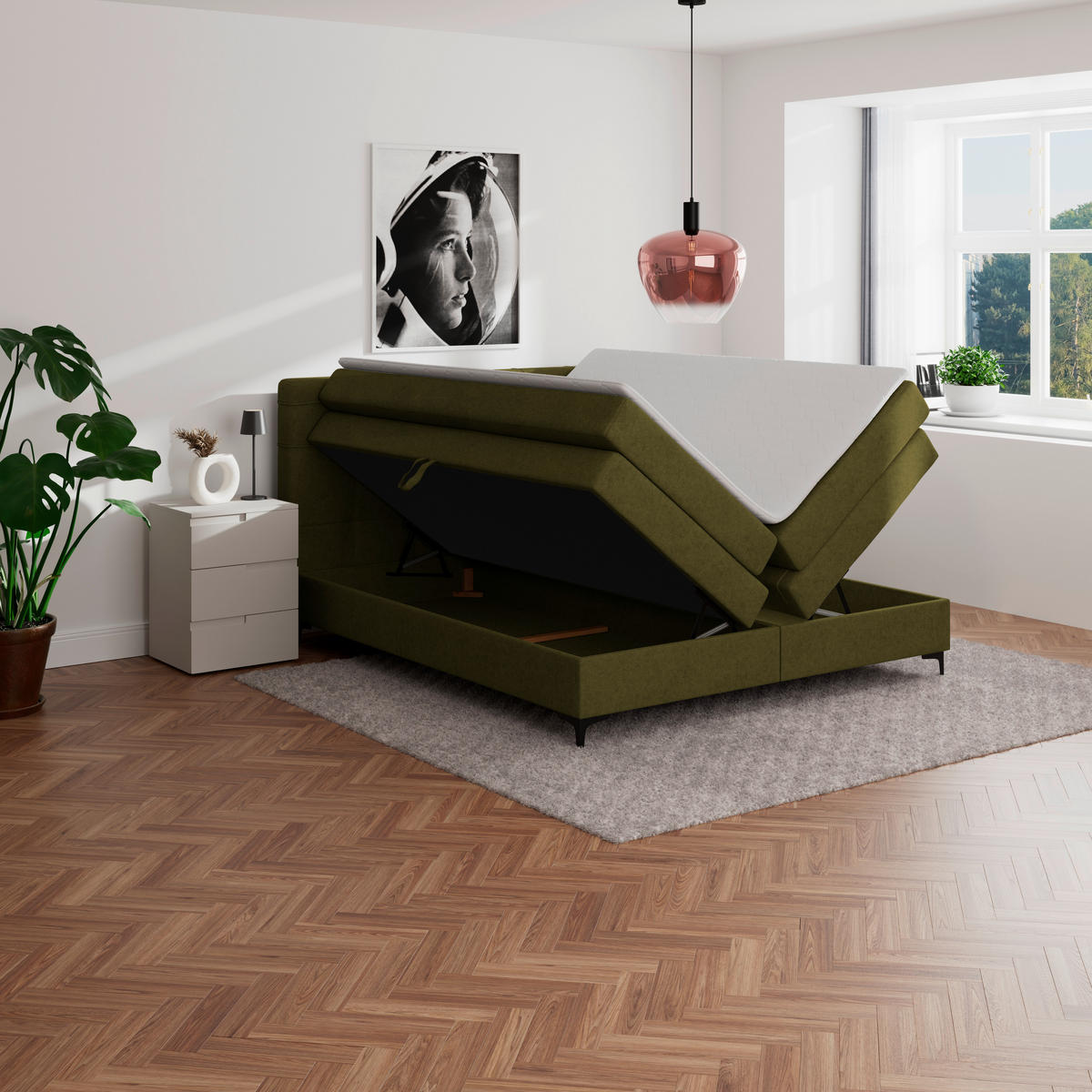 BOXSPRINGBETT 180/200 cm,  in Grün, H3 = fest  - Schwarz/Grün, KONVENTIONELL, Kunststoff/Textil (180/200cm)