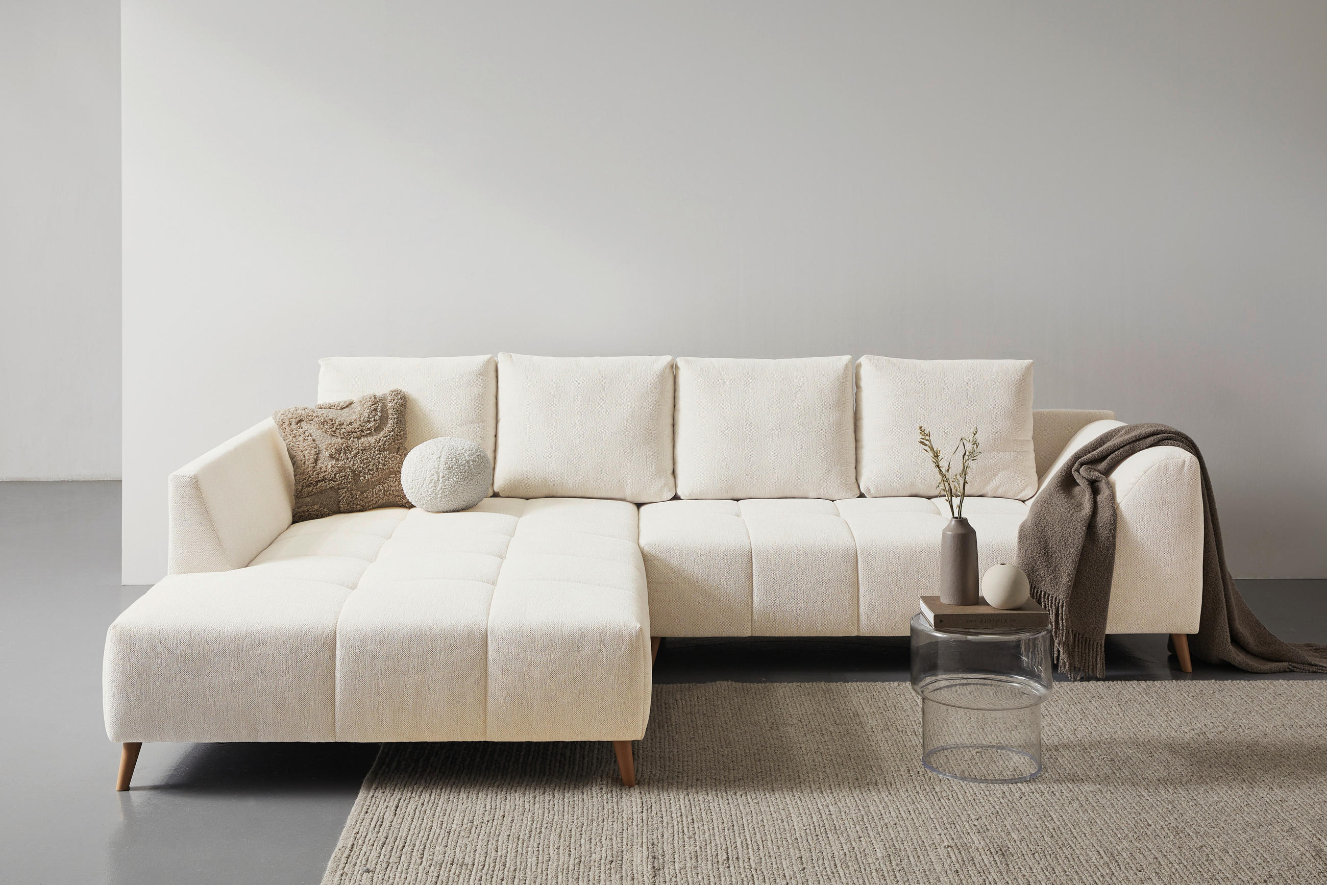 Thumbnail - Carryhome Ecksofa, Creme, Textil, Buche, massiv, 4-Sitzer, Füllung: Silikon, Ottomane links, L-Form, 306x202 cm, seitenv...