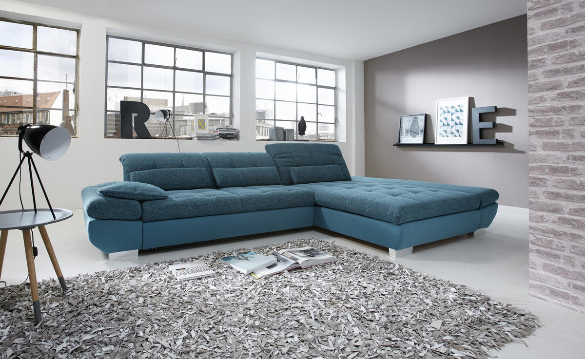 WOHNLANDSCHAFT in Flachgewebe Türkis, Petrol  - Türkis/Chromfarben, Design, Kunststoff/Textil (204/341cm) - Xora
