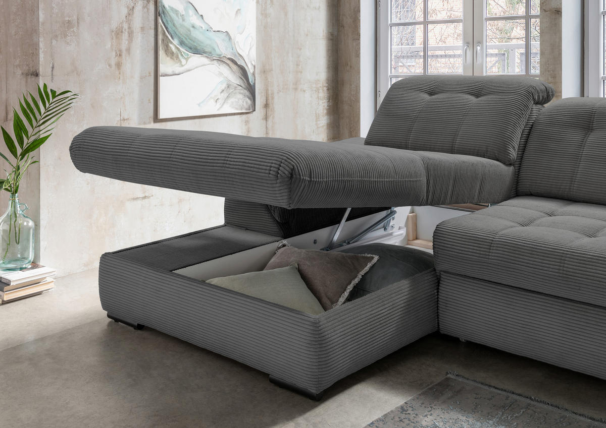 ECKSOFA in Cord Grau  - Schwarz/Grau, Modern, Textil/Metall (184/314cm) - Livetastic