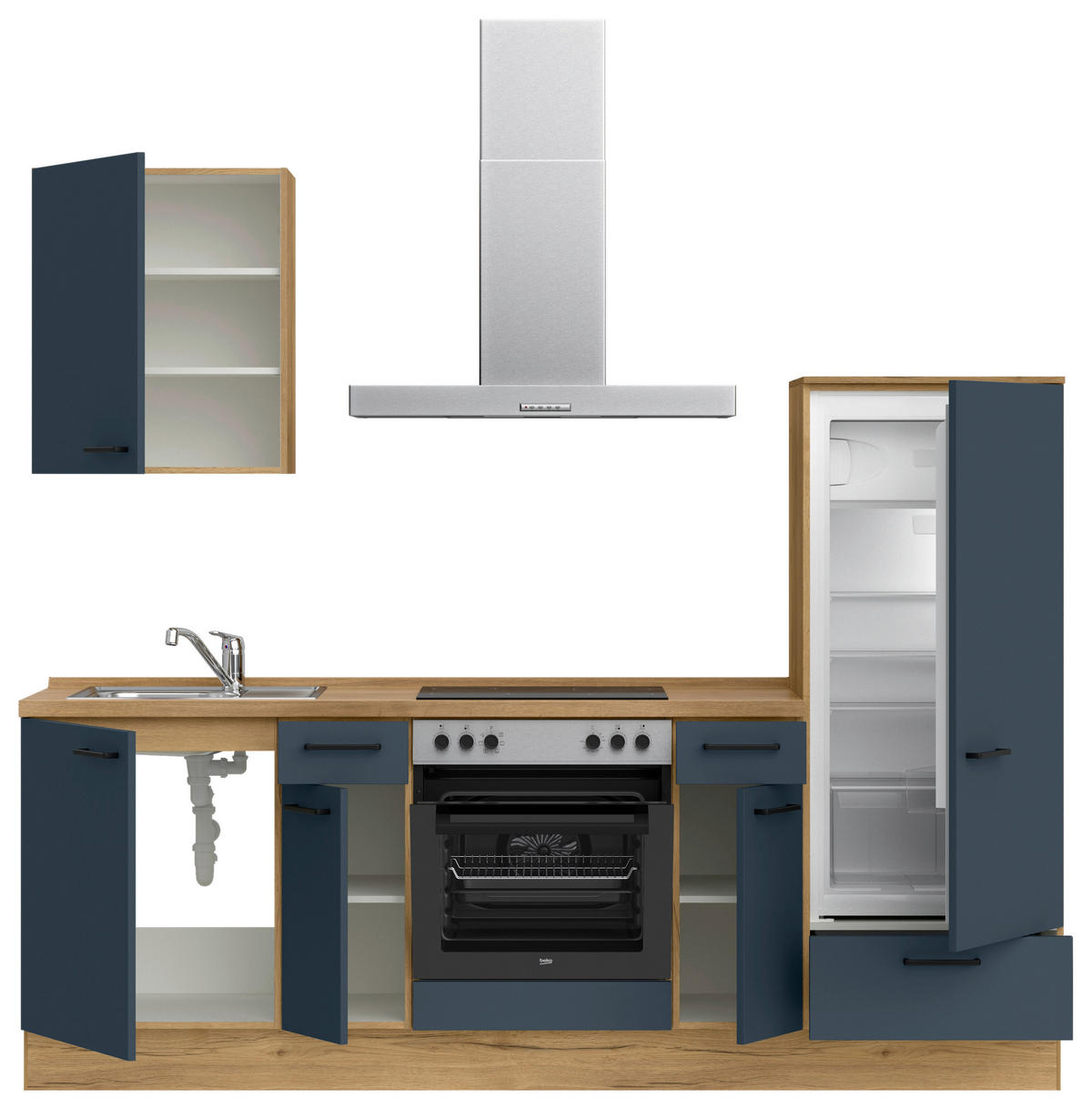 KÜCHENBLOCK Easytouch 240 cm  in Blau, Eichefarben  - Blau/Eichefarben, MODERN, Holzwerkstoff/Metall (240cm) - Nobilia