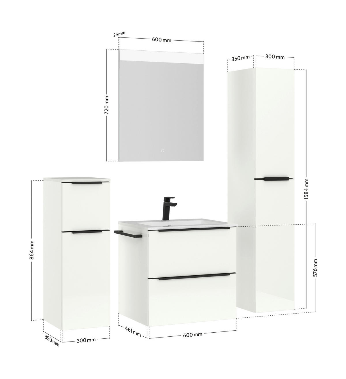 BADEZIMMER  in 61 cm  - Weiß Hochglanz/Schwarz, MODERN, Holzwerkstoff/Stein (61cm) - Nobilia