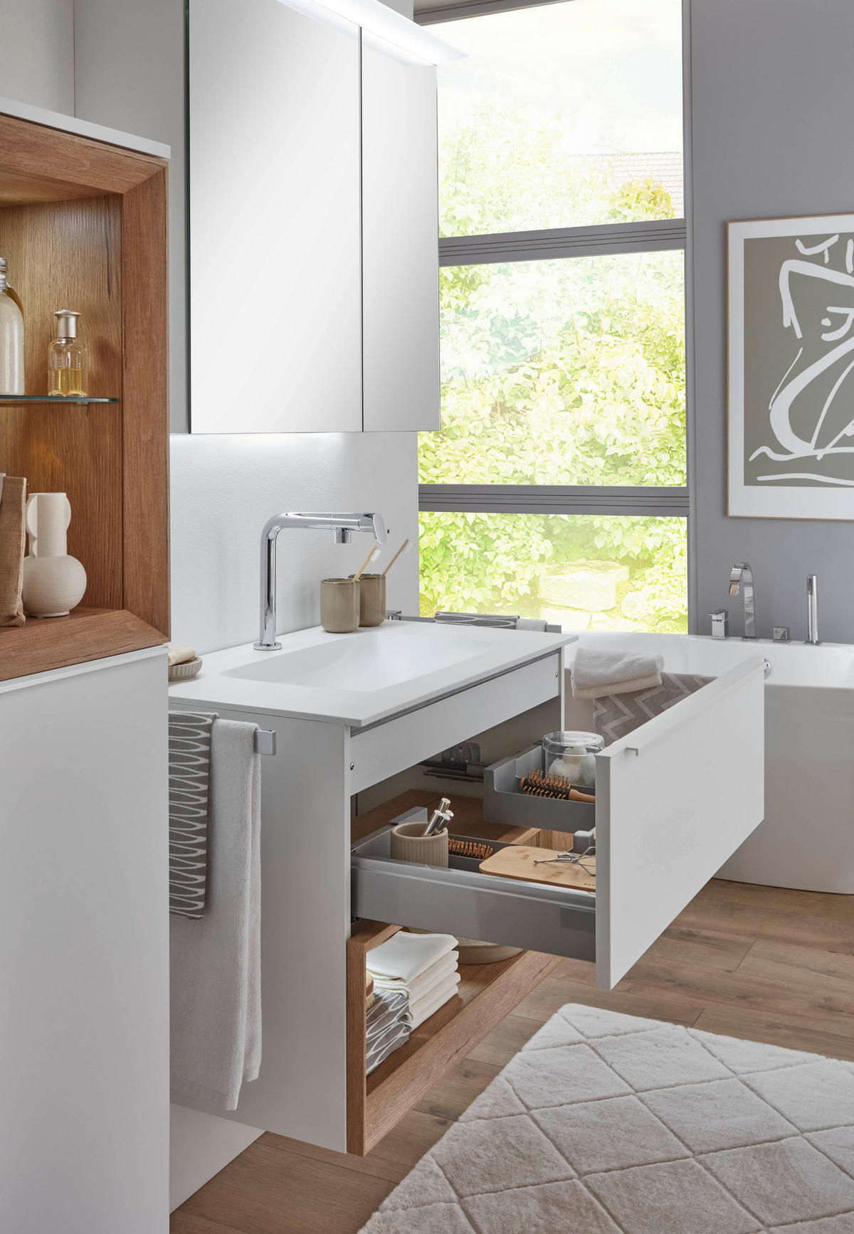 UMIVAL. ENOTA Z UMIVALNIKOM  - barve hrasta/bela, Moderno, kamen/kovina (80cm) - Celina Home