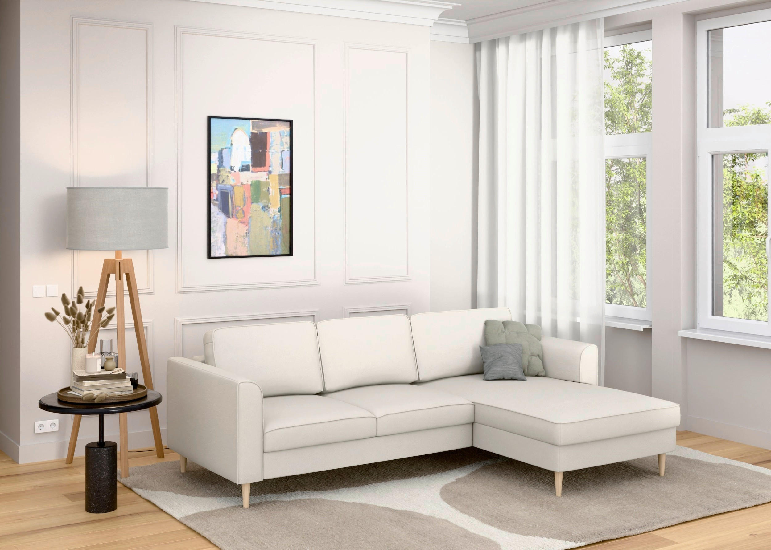 ECKSOFA in Struktur Sandfarben  232/161 cm  - Sandfarben/Buchefarben, MODERN, Holz/Textil (232/161cm) - Trendmanufaktur