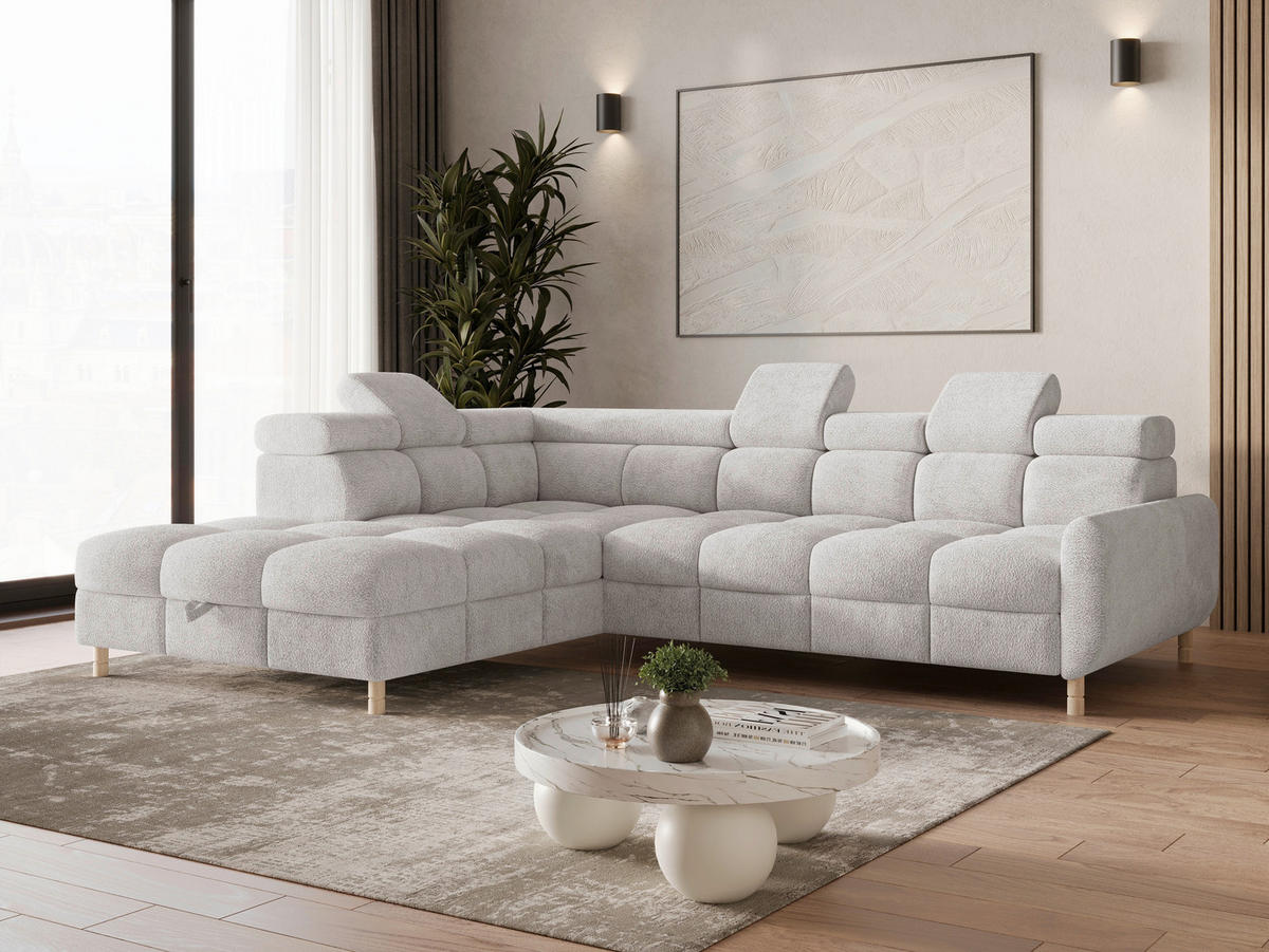 ECKSOFA BUN in Bouclé Hellgrau  - Elfenbein/Hellgrau, Design, Holz/Textil (209/276cm) - MID.YOU