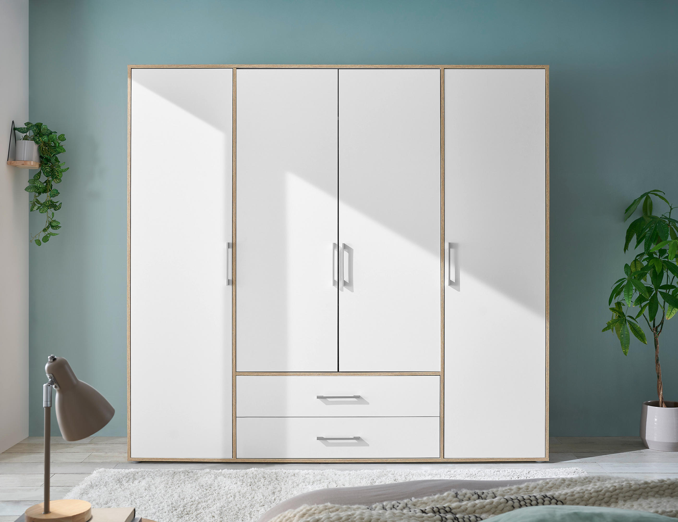 KLEIDERSCHRANK 206/195/60 cm 4-türig Weiß, Eiche Artisan  - Alufarben/Weiß, Basics, Holzwerkstoff/Kunststoff (206/195/60cm)