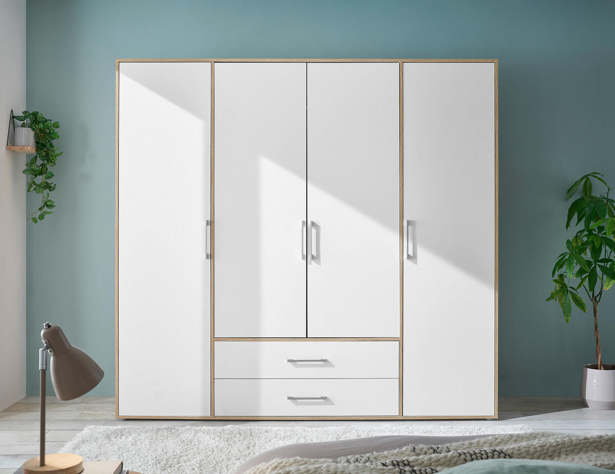 KLEIDERSCHRANK 206/195/60 cm 4-türig Weiß, Eiche Artisan  - Alufarben/Weiß, Basics, Holzwerkstoff/Kunststoff (206/195/60cm)