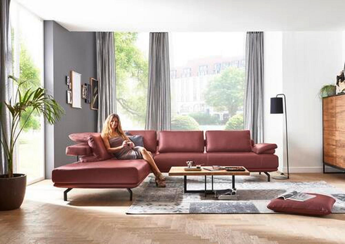 ECKSOFA in Echtleder Weinrot  - Chromfarben/Weinrot, Design, Leder/Metall (255/325cm) - Dieter Knoll