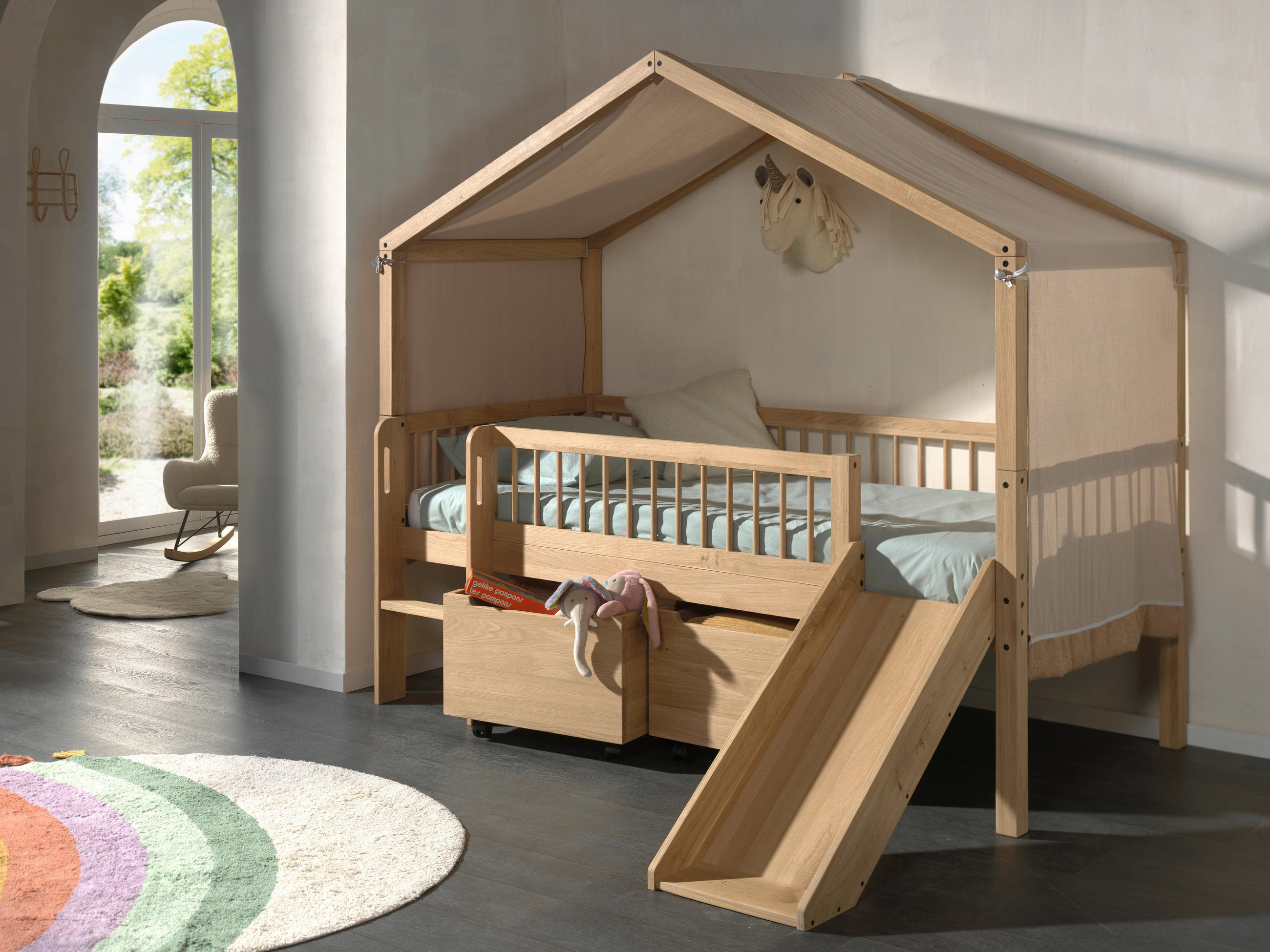 HAUSBETT Absturzsicherung, Leiter, Rutsche, Rollrost, Bettschublade 90/200 cm  in Eichefarben  - Eichefarben/Naturfarben, MODERN, Holz (90/200cm) - MID.YOU