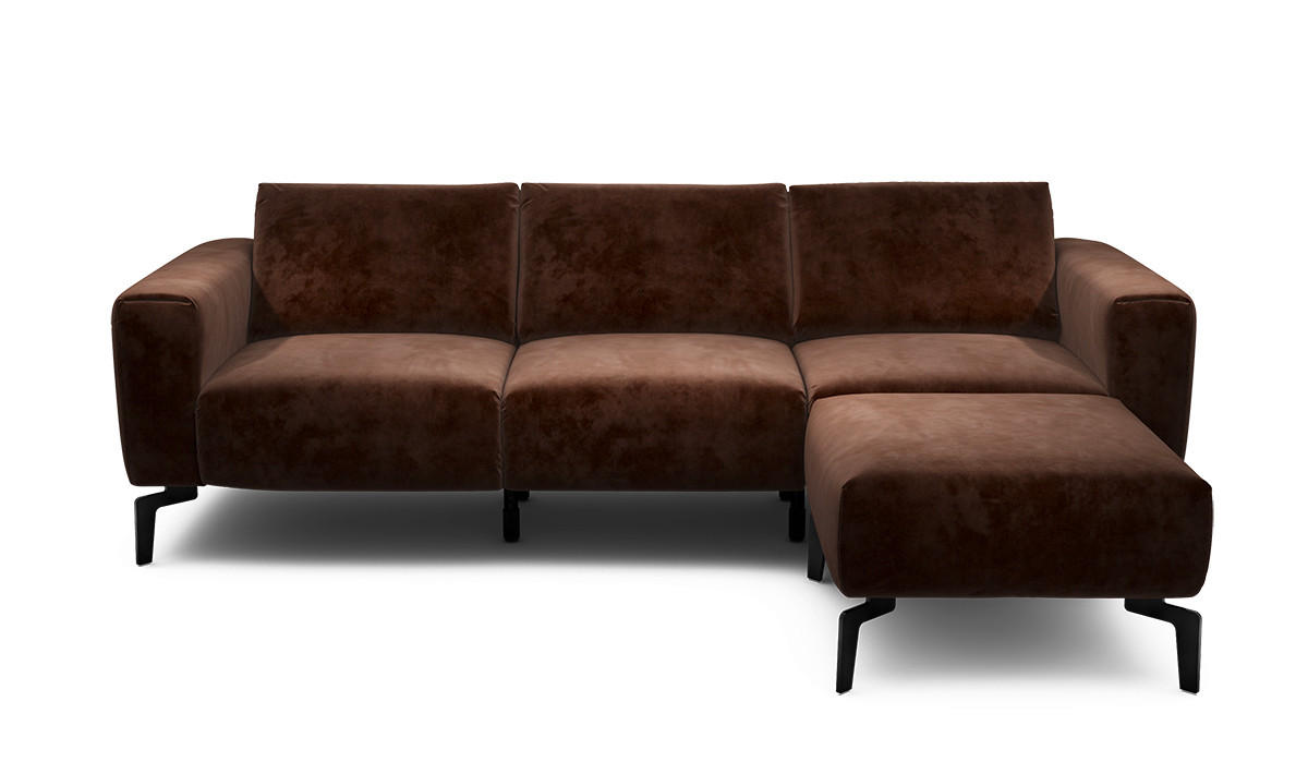 Dreisitzer inkl. Hocker Samt Braun  - Schwarz/Braun, Design, Textil/Metall (250/86/86-94cm) - SENSOO