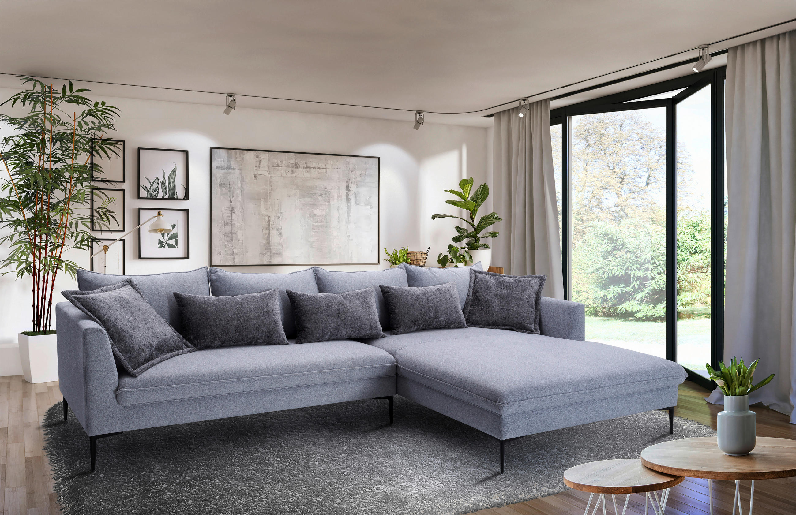 ECKSOFA PIAZZA Grau Flachgewebe  - Dunkelgrau/Schwarz, Design, Textil/Metall (321/187cm) - Livetastic