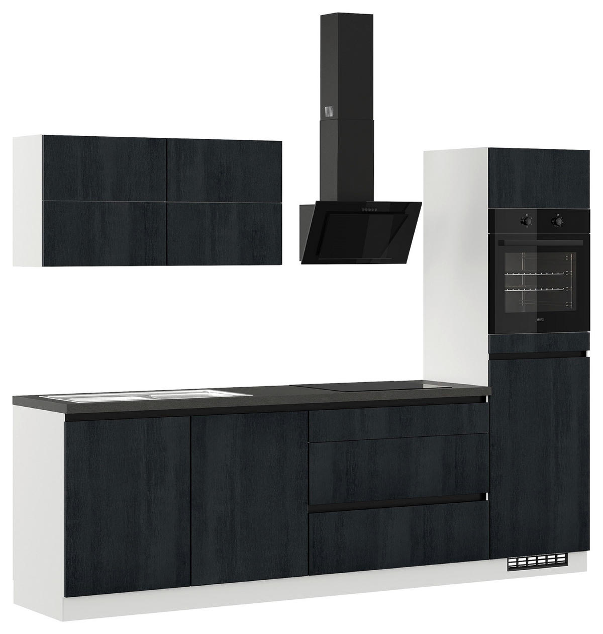 KÜCHENBLOCK 280 cm   in Eiche dunkel, Schwarz  - Eiche dunkel/Hellgrau, Design, Holzwerkstoff (280cm) - Impuls